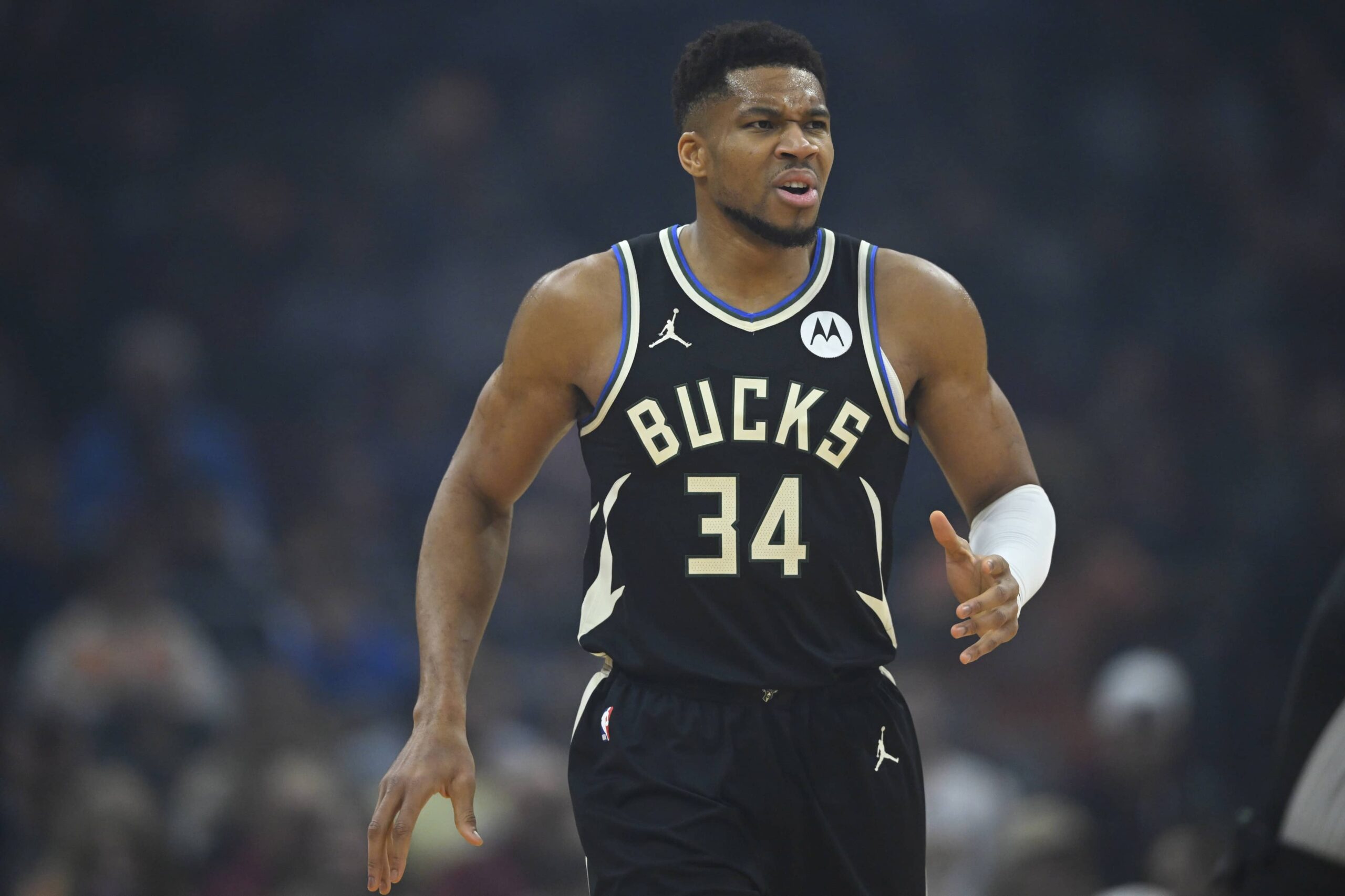 Nov 17, 2025; Cleveland, Ohio, USA; Milwaukee Bucks forward Giannis Antetokounmpo (34) reacts in the first quarter against the Cleveland Cavaliers at Rocket Arena. Mandatory Credit: David Richard-Imagn Images