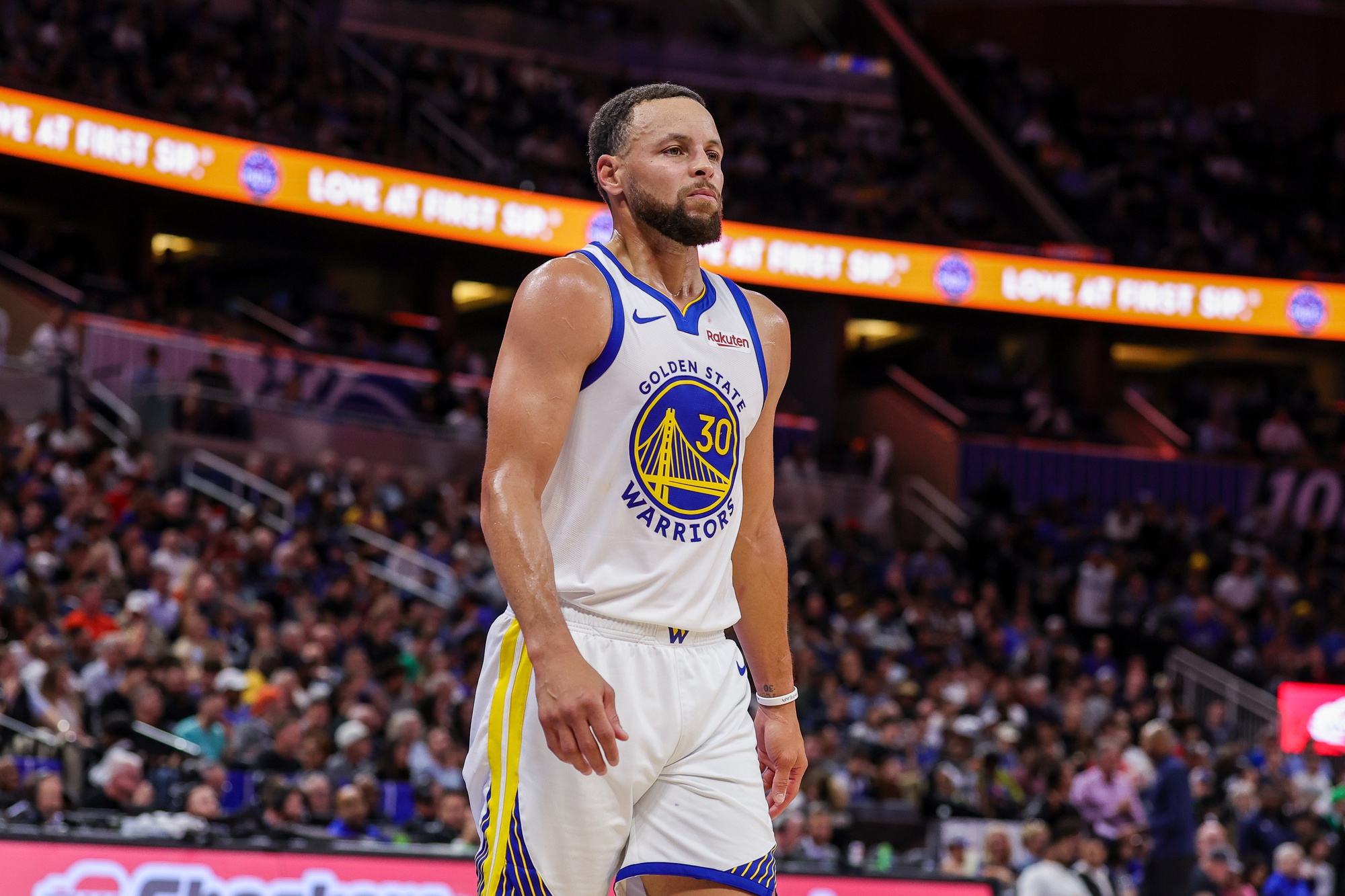 Nov 18, 2025; Orlando, Florida, USA; Golden State Warriors guard Stephen Curry (30) after a timeout during the second half against the Orlando Magic at Kia Center. Mandatory Credit: Mike Watters-Imagn Images