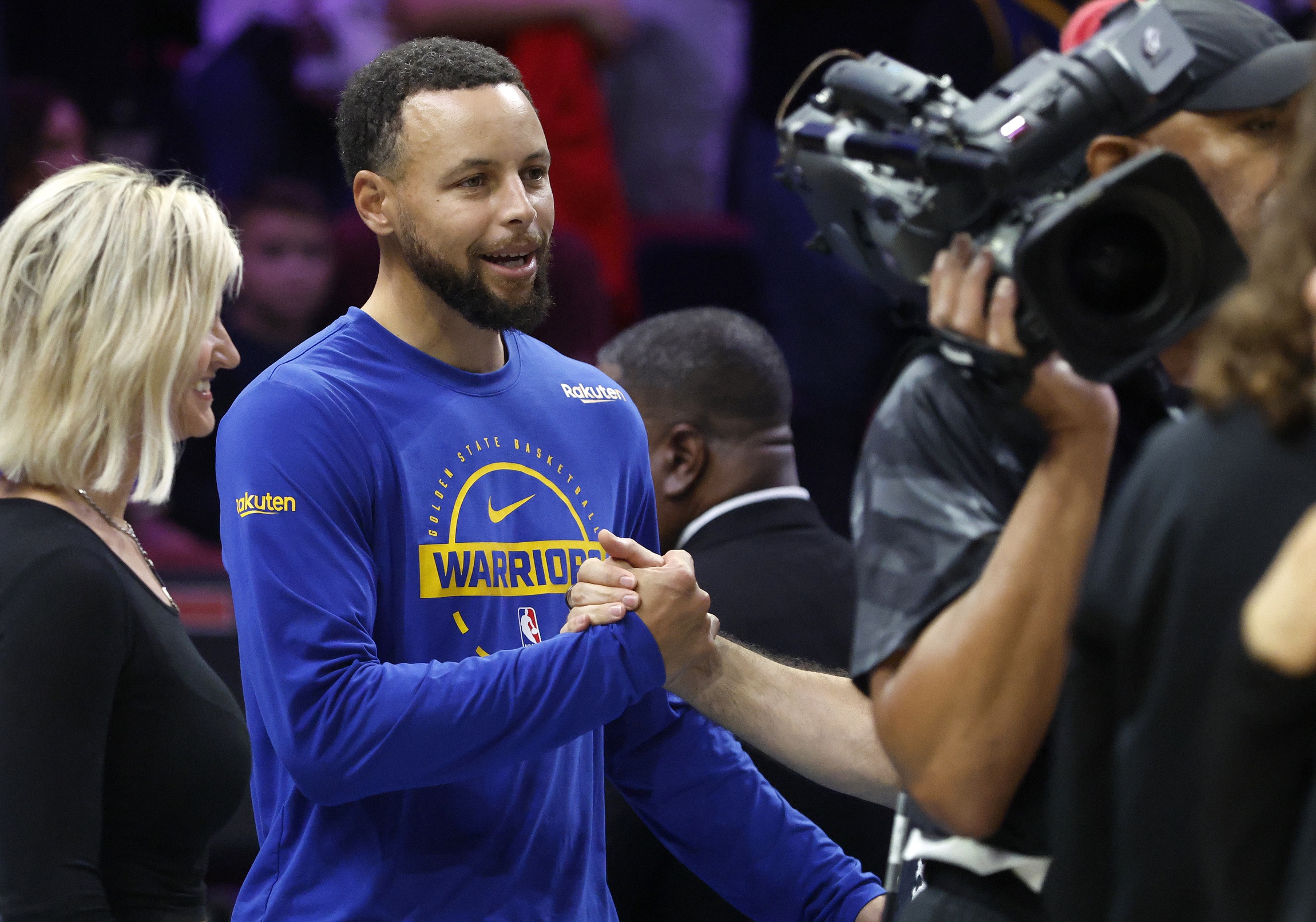 Nov 19, 2025; Miami, Florida, USA; Golden State Warriors guard Stephen Curry (30) greets fans before the game against the Miami Heat at Kaseya Center. Mandatory Credit: Rhona Wise-Imagn Images