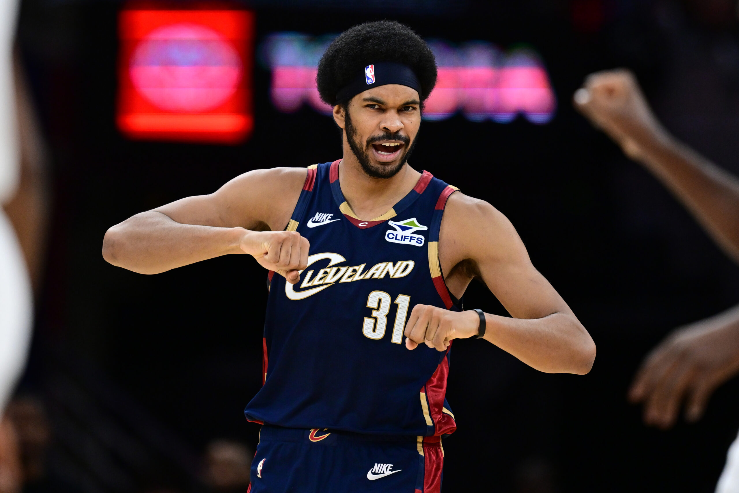 Nov 19, 2025; Cleveland, Ohio, USA; Cleveland Cavaliers center Jarrett Allen (31) reacts after the Houston Rockets were called for a three second violation during the second half at Rocket Arena. Mandatory Credit: David Dermer-Imagn Images