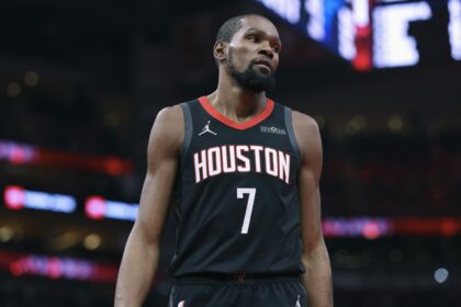 Houston, Texas, USA; Houston Rockets forward Kevin Durant (7) reacts after a play during the fourth quarter against the Denver Nuggets at Toyota Center. Mandatory Credit: Troy Taormina-Imagn Images