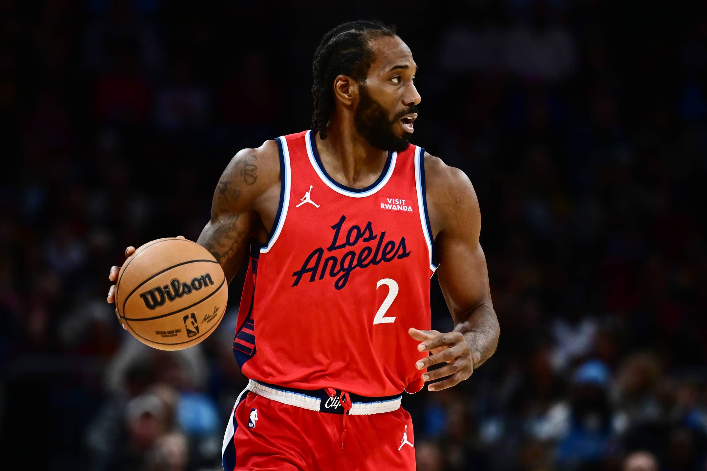 Nov 23, 2025; Cleveland, Ohio, USA; Los Angeles Clippers forward Kawhi Leonard (2) brings the ball up court against the Cleveland Cavaliers during the second half at Rocket Arena. Mandatory Credit: Ken Blaze-Imagn Images
