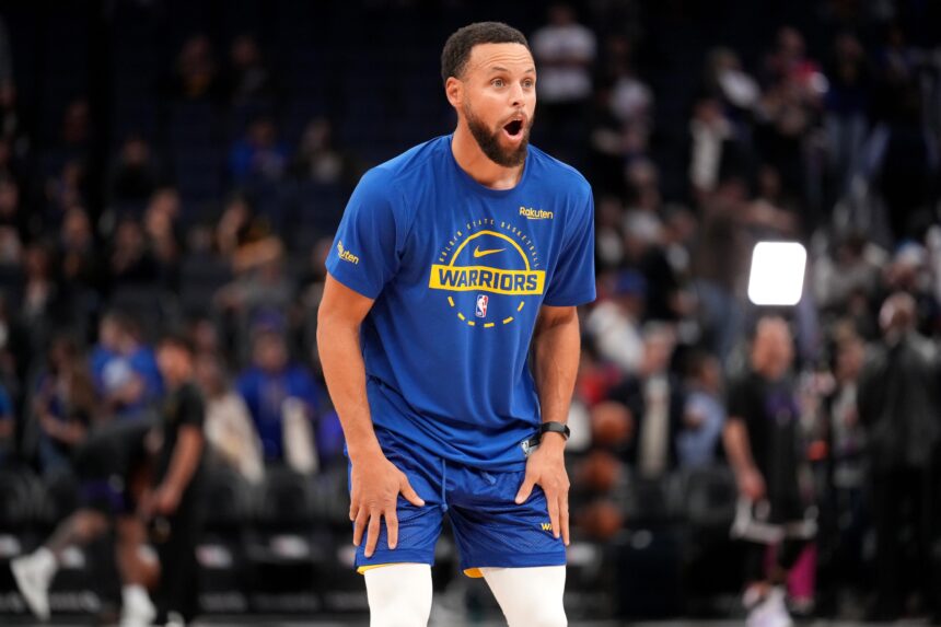 Nov 24, 2025; San Francisco, California, USA; Golden State Warriors guard Stephen Curry (30) stands on the court before the start of the game against the Utah Jazz at the Chase Center. Mandatory Credit: Cary Edmondson-Imagn Images