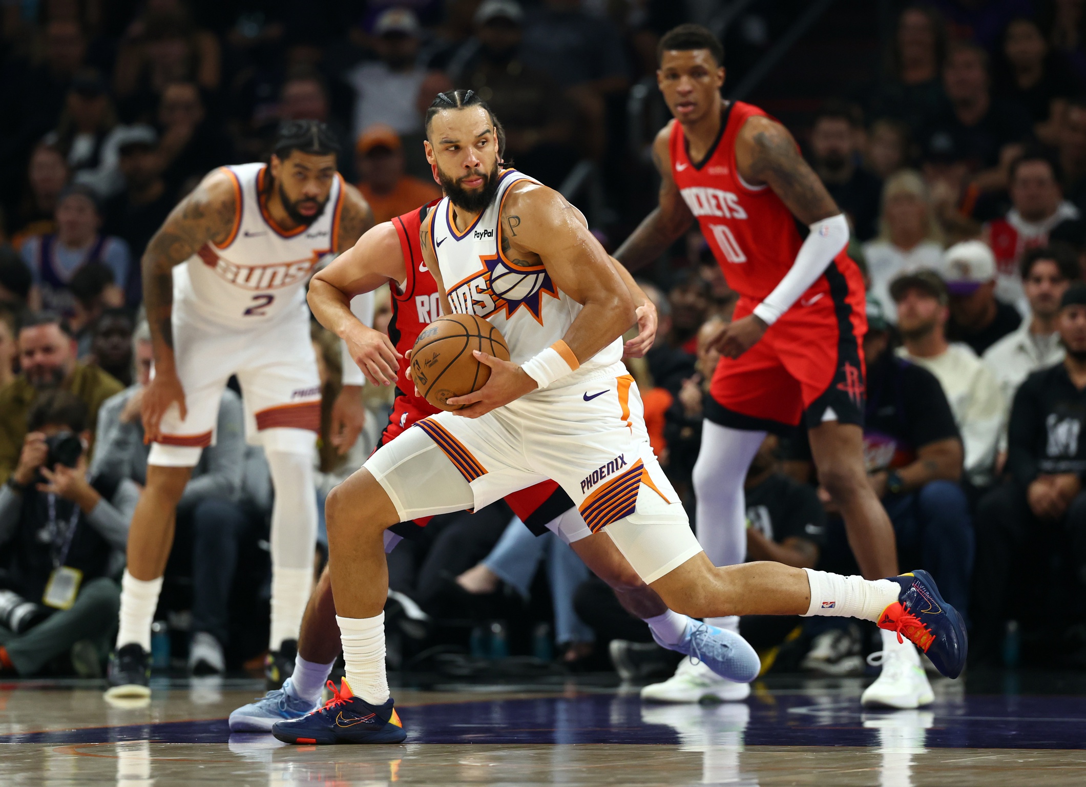 Nov 24, 2025; Phoenix, Arizona, USA; Phoenix Suns forward Dillon Brooks (3) against the Houston Rockets in the first half at Mortgage Matchup Center. Mandatory Credit: Mark J. Rebilas-Imagn Images