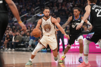 Nov 24, 2025; San Francisco, California, USA; Golden State Warriors guard Stephen Curry (30) dribbles the ball next to Utah Jazz guard Keyonte George (3) in the second quarter at the Chase Center. Mandatory Credit: Cary Edmondson-Imagn Images