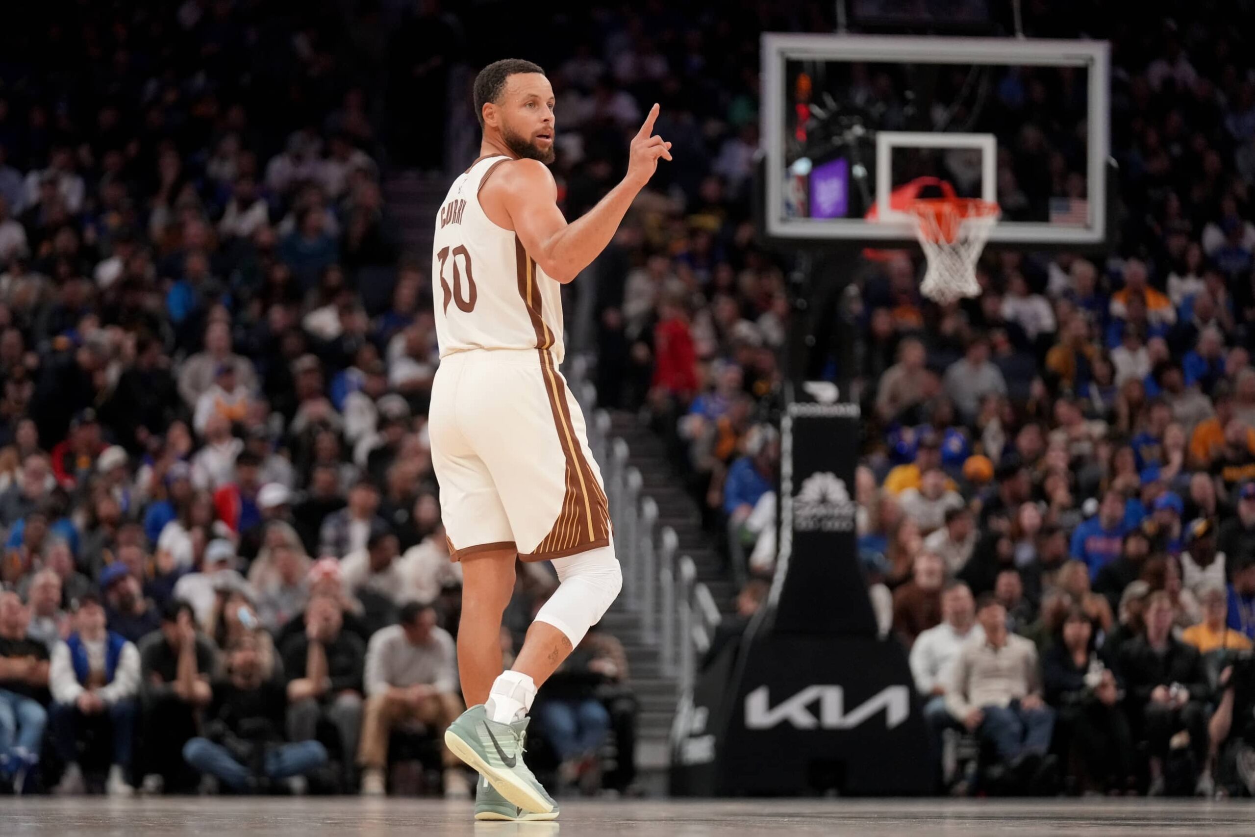Nov 24, 2025; San Francisco, California, USA; Golden State Warriors guard Stephen Curry (30) stands on the court during a break in the action against the Utah Jazz in the fourth quarter at the Chase Center. Mandatory Credit: Cary Edmondson-Imagn Images