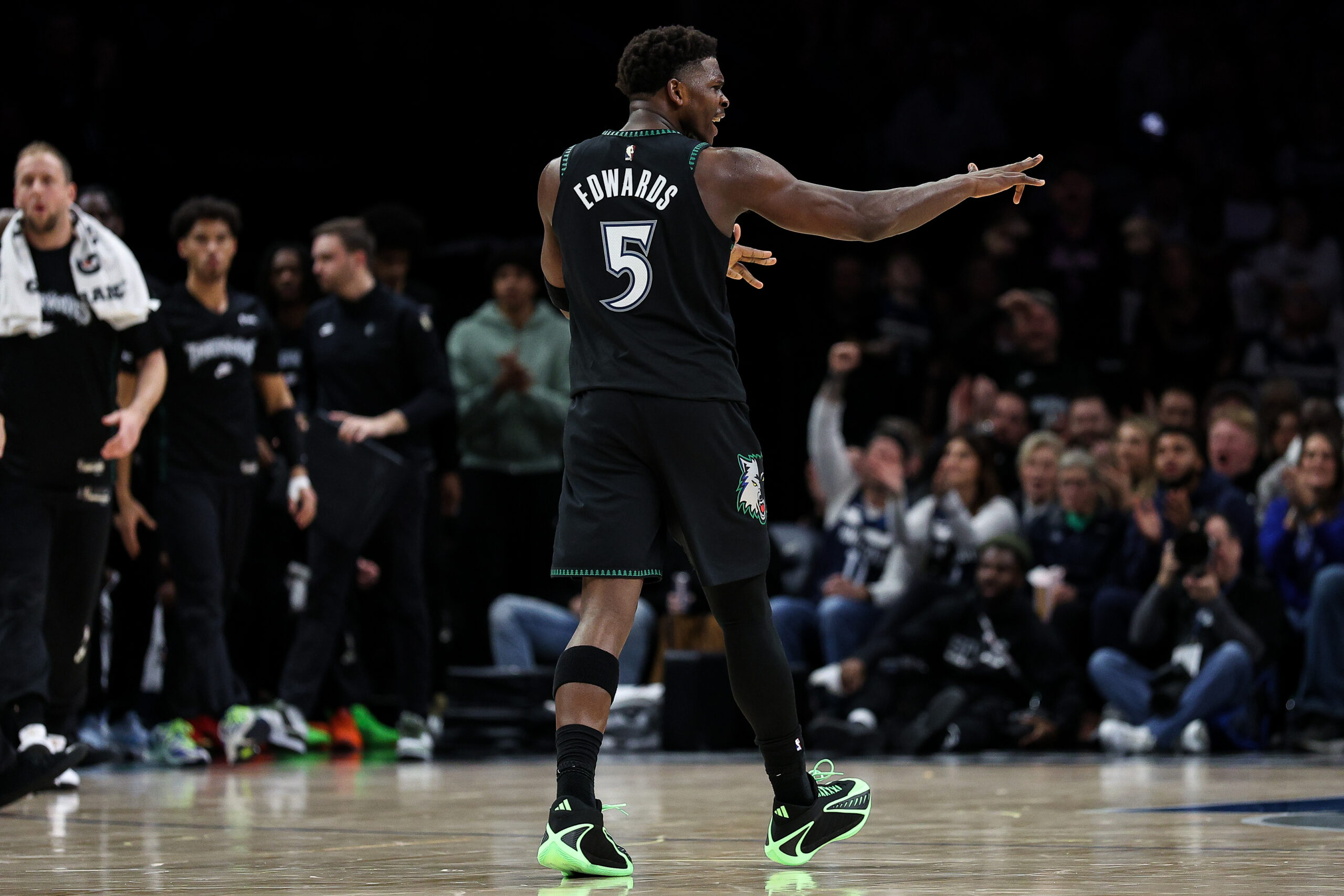 Nov 30, 2025; Minneapolis, Minnesota, USA; Minnesota Timberwolves guard Anthony Edwards (5) celebrates his shot against the San Antonio Spurs during the second half at Target Center. Mandatory Credit: Matt Krohn-Imagn Images