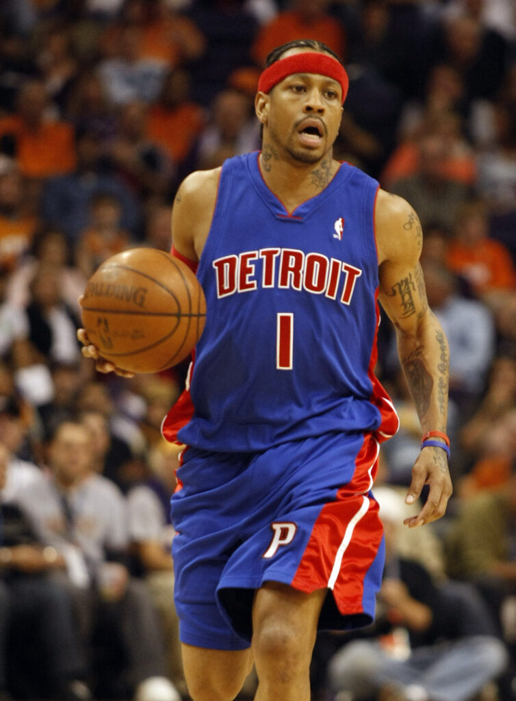 Nov 16, 2008; Phoenix, AZ, USA; Detroit Pistons guard Allen Iverson (1) brings the ball up court against the Phoenix Suns in the first quarter at US Airways Center. Mandatory Credit: Rick Scuteri-Imagn Images