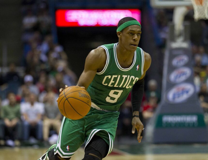 Mar 22, 2012; Milwaukee, WI, USA; Boston Celtics guard Rajon Rondo (9) during the game against the Milwaukee Bucks at the Bradley Center. The Celtics defeated the Bucks 100-91. Mandatory Credit: Jeff Hanisch-Imagn Images