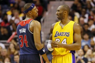 Dec 3, 2014; Washington, DC, USA; Washington Wizards forward Paul Pierce (34) talks to Los Angeles Lakers guard Kobe Bryant (24) at Verizon Center. Mandatory Credit: Geoff Burke-USA TODAY Sports