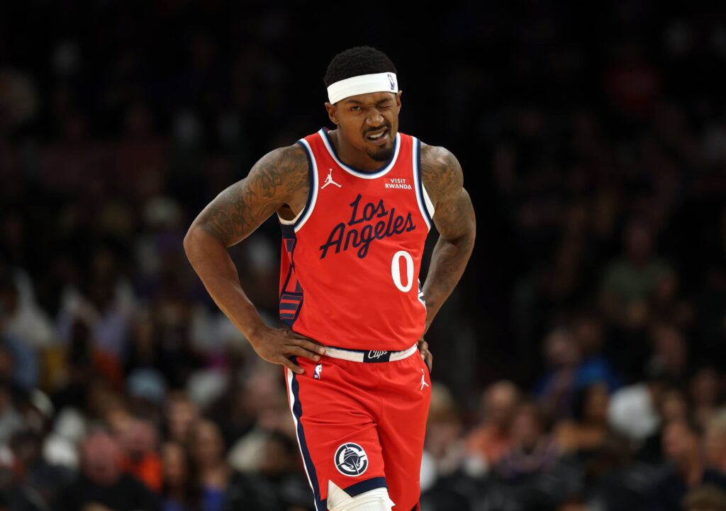 Phoenix, Arizona, USA; Los Angeles Clippers guard Bradley Beal (0) reacts against the Phoenix Suns in the first half at the Mortgage Matchup Center. Mandatory Credit: Mark J. Rebilas-Imagn Images