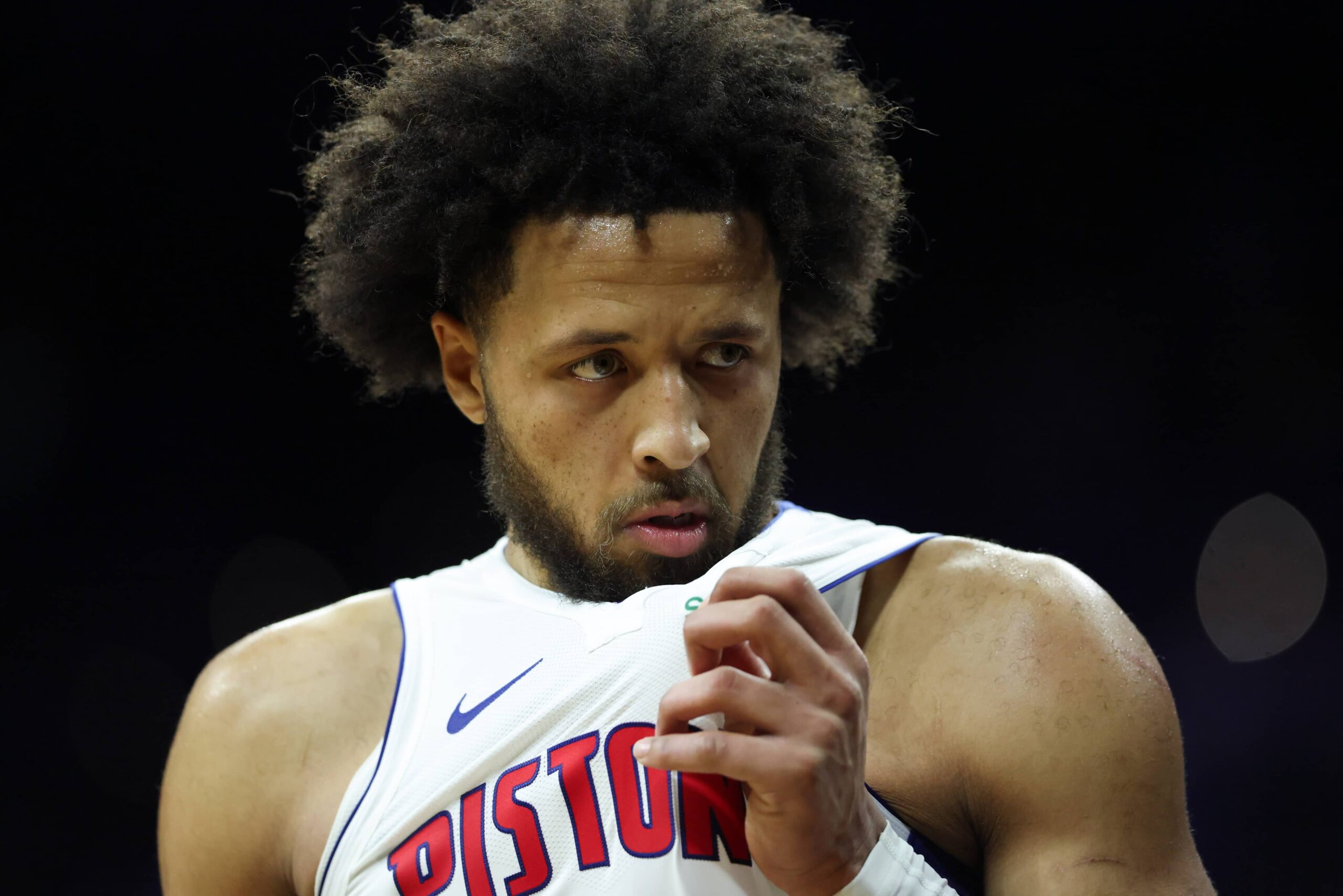 Philadelphia, Pennsylvania, USA; Detroit Pistons guard Cade Cunningham (2) looks on during the fourth quarter against the Philadelphia 76ers at Xfinity Mobile Arena. Mandatory Credit: Bill Streicher-Imagn Images