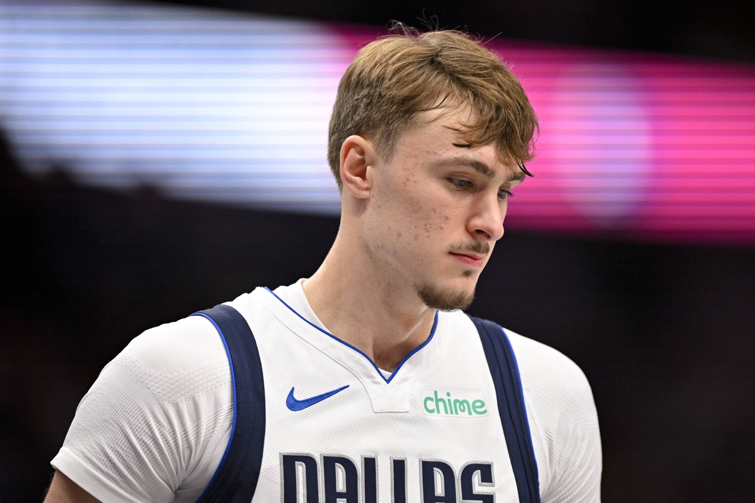Dallas, Texas, USA; Dallas Mavericks forward Cooper Flagg (32) looks on during the first quarter against the Indiana Pacers at the American Airlines Center. Mandatory Credit: Jerome Miron-Imagn Images