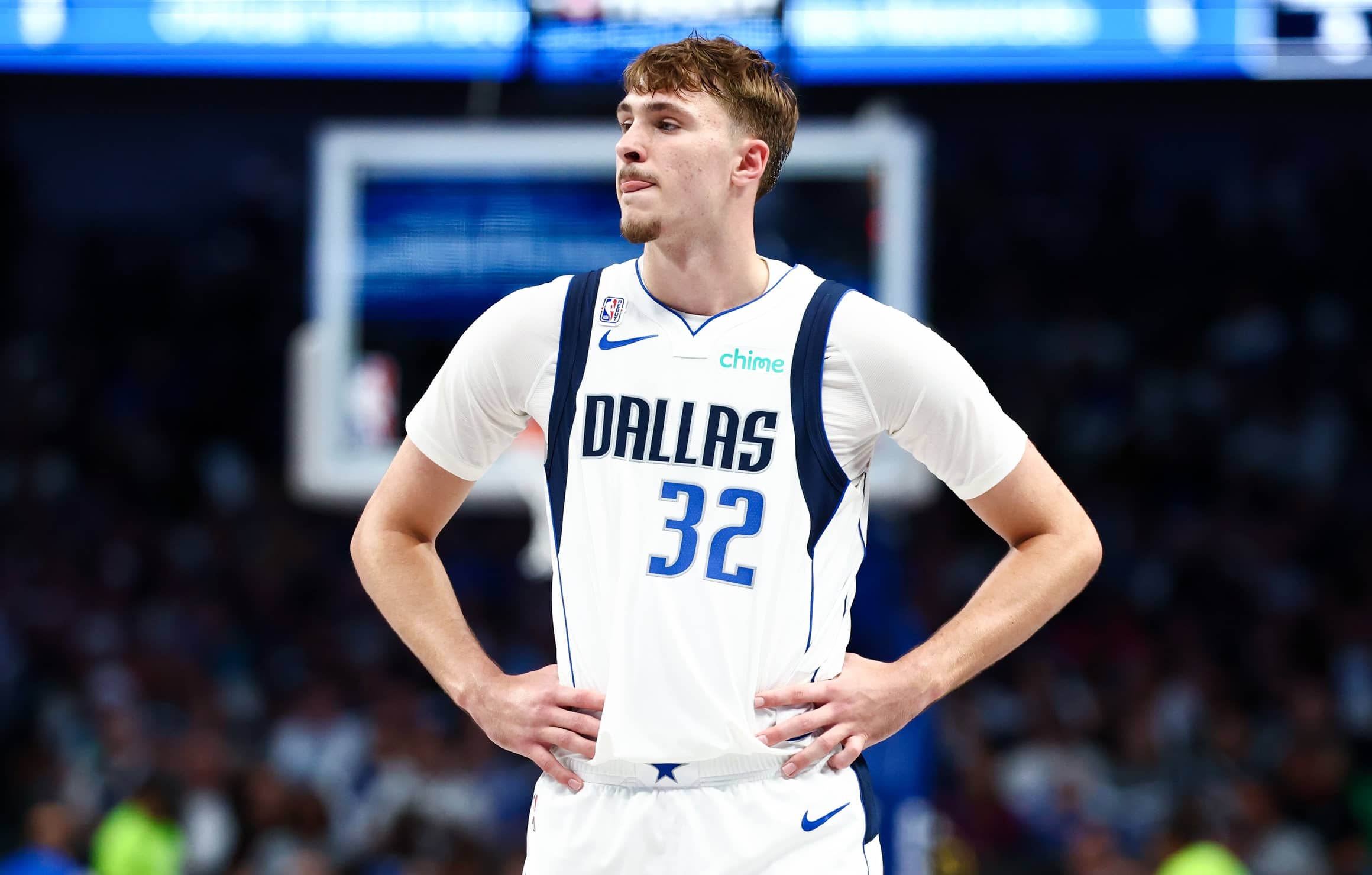 Dallas, Texas, USA; Dallas Mavericks forward Cooper Flagg (32) reacts against the San Antonio Spurs during the second half at American Airlines Center. Mandatory Credit: Kevin Jairaj-Imagn Images