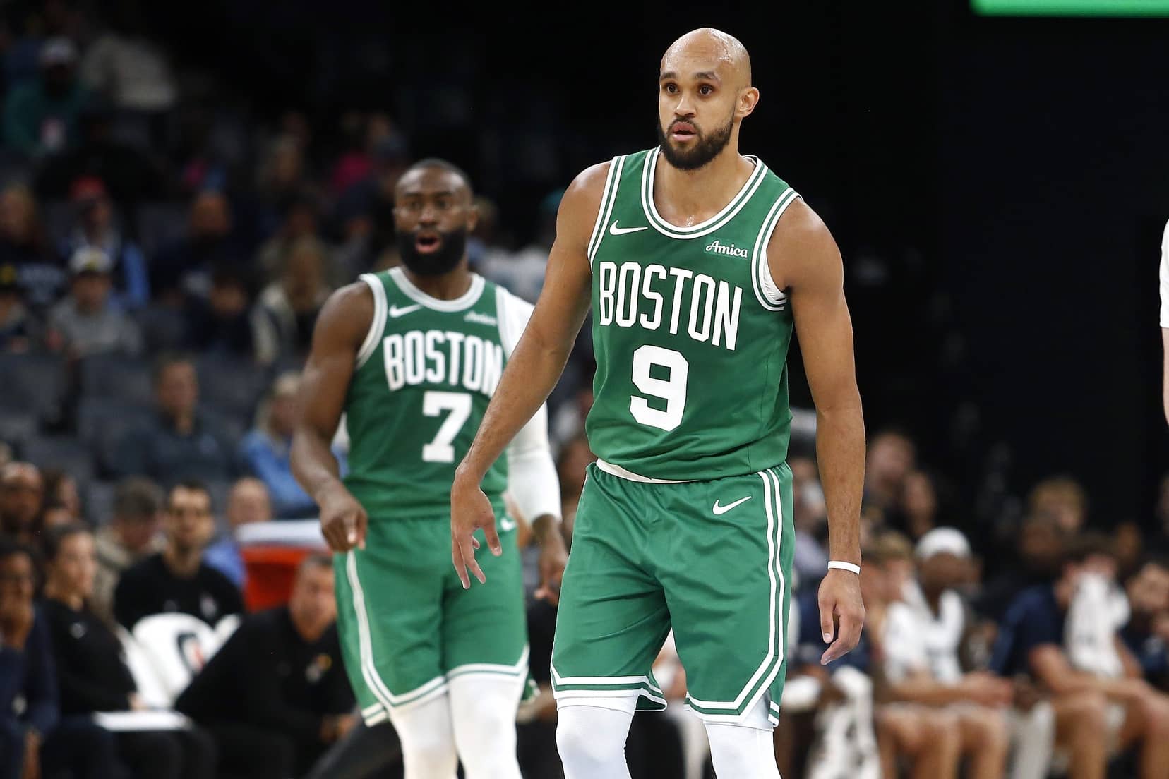 Memphis, Tennessee, USA; Boston Celtics guard Derrick White (9) looks on during the second quarter against the Memphis Grizzlies at FedExForum. Mandatory Credit: Petre Thomas-Imagn Images