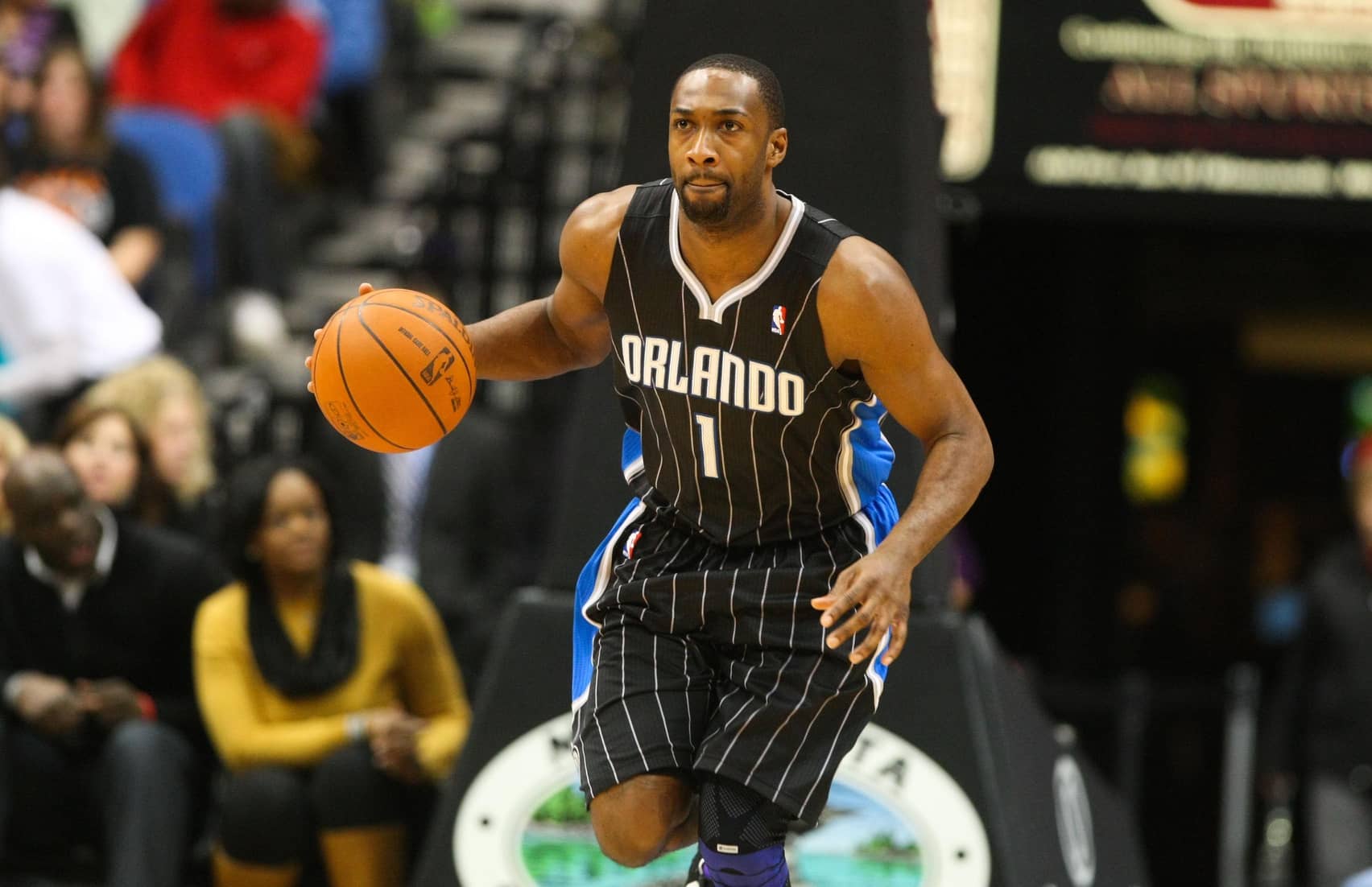 Minneapolis, MN, USA; Orlando Magic guard Gilbert Arenas (1) during the first quarter against the Minnesota Timberwolves at the Target Center. Mandatory Credit: Brace Hemmelgarn-Imagn Images