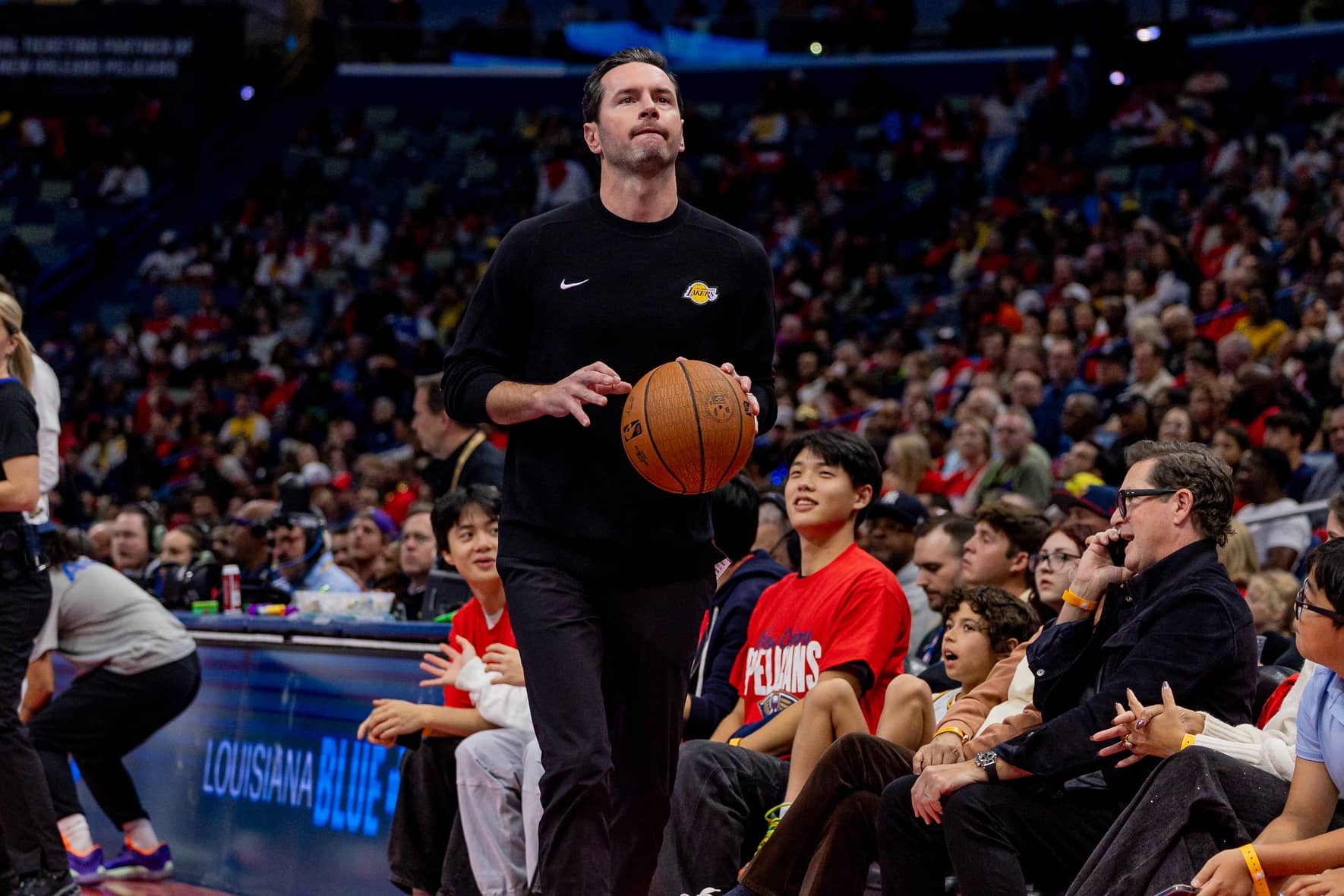 New Orleans, Louisiana, USA; Los Angeles Lakers Head Coach JJ Redick looks on against the New Orleans Pelicans during the first half at Smoothie King Center. Mandatory Credit: Stephen Lew-Imagn Images