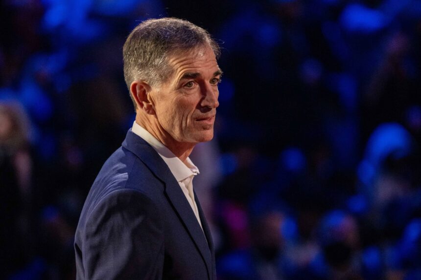Cleveland, Ohio, USA; NBA great John Stockton is honored for being selected to the NBA 75th Anniversary Team during halftime in the 2022 NBA All-Star Game at Rocket Mortgage FieldHouse. Mandatory Credit: Kyle Terada-Imagn Images