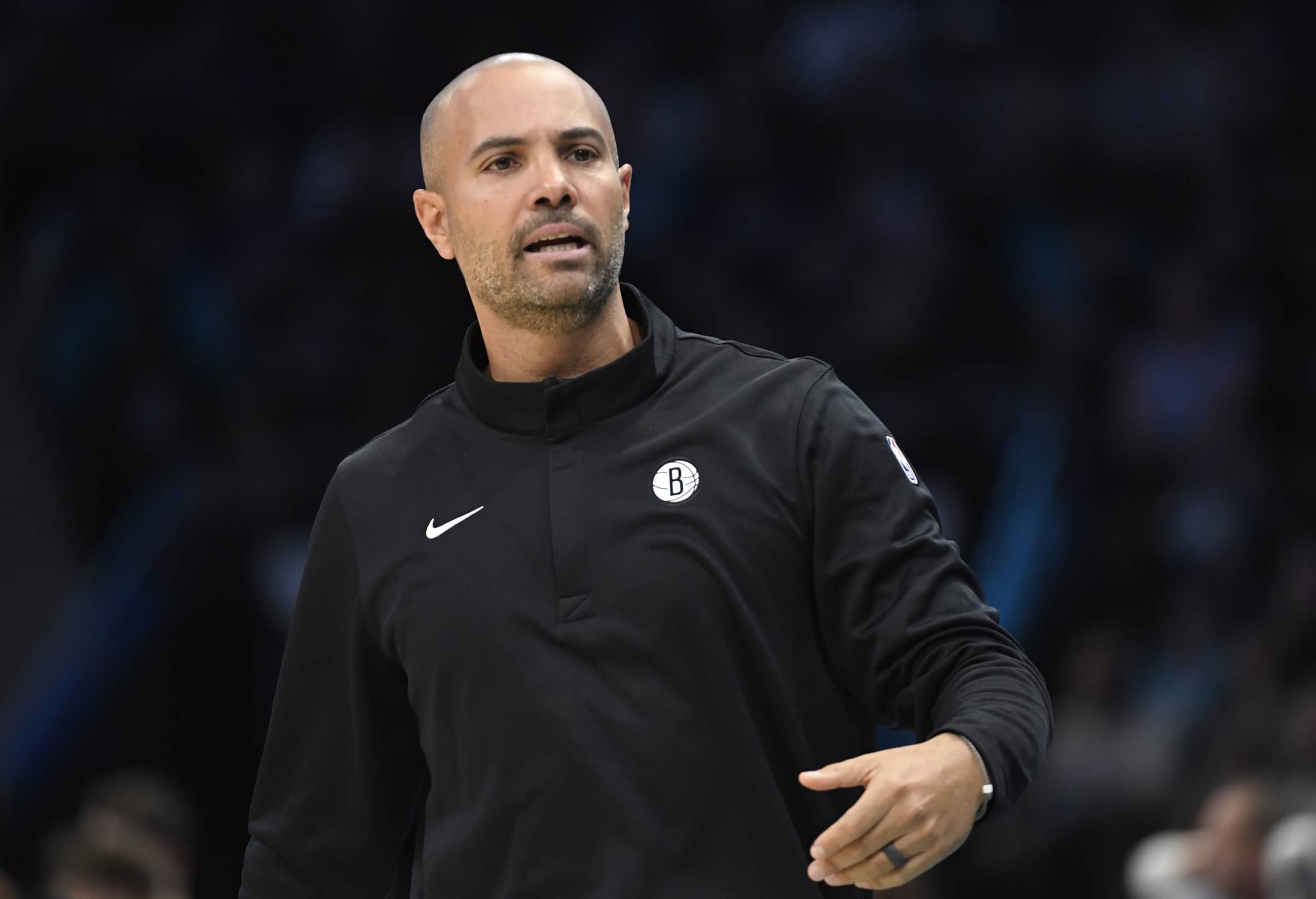 Charlotte, North Carolina, USA; Brooklyn Nets head coach Jordi Fernandez reacts during the first half against the Charlotte Hornets at the Spectrum Center. Mandatory Credit: Sam Sharpe-Imagn Images