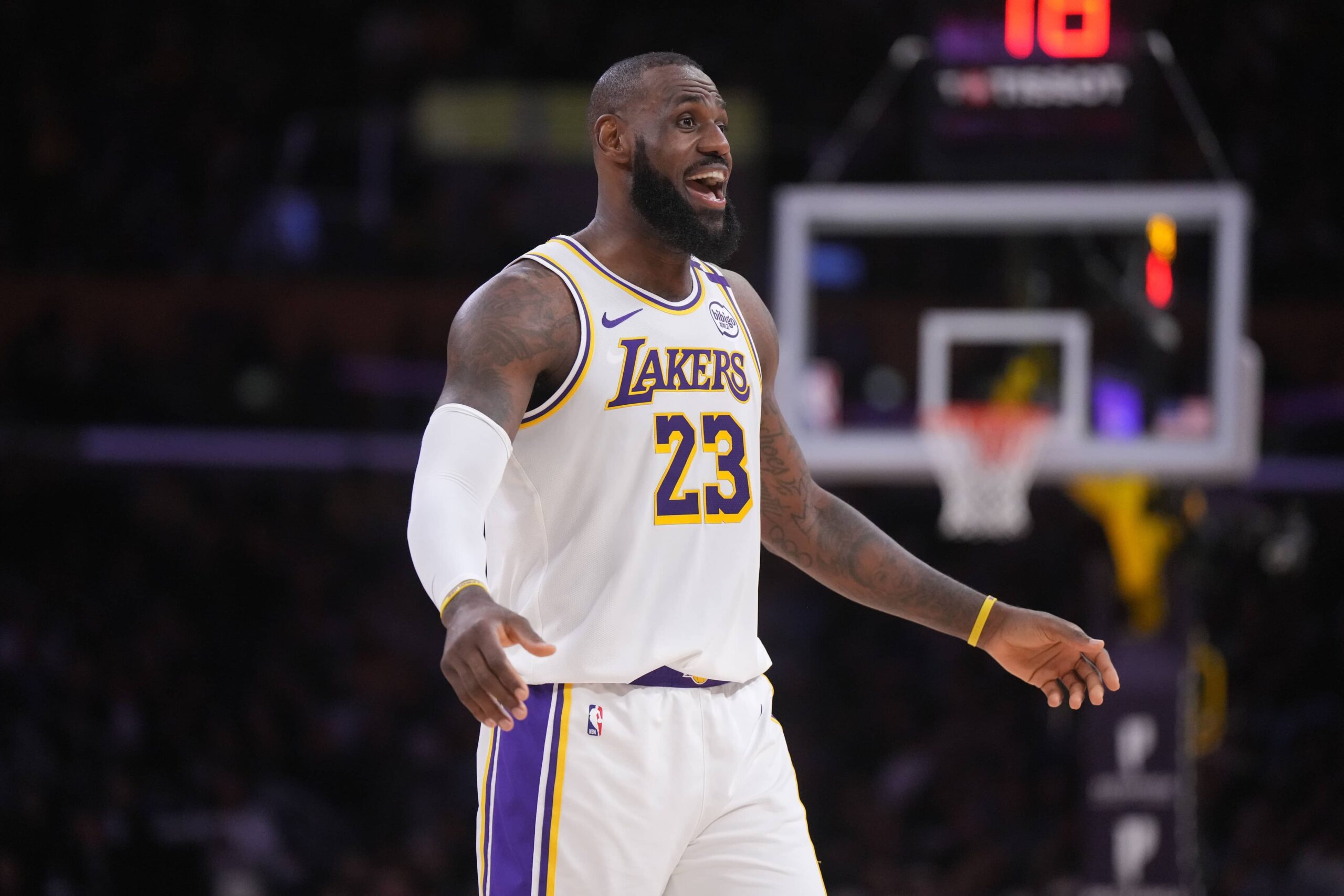 Los Angeles, California, USA; Los Angeles Lakers forward LeBron James (23) reacts in the first half against the Memphis Grizzlies at Crypto.com Arena. Mandatory Credit: Kirby Lee-Imagn Images