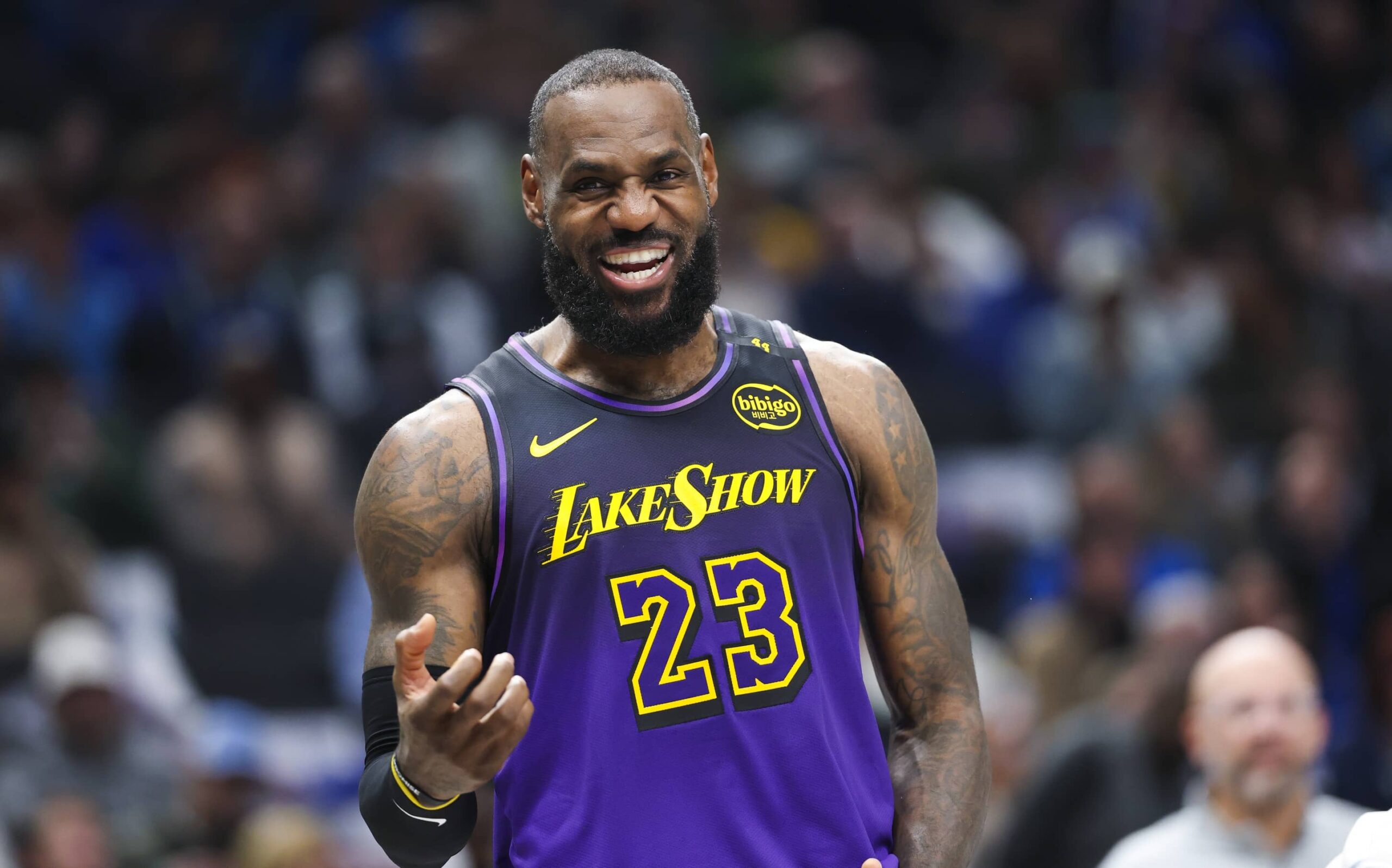 Dallas, Texas, USA; Los Angeles Lakers forward LeBron James (23) laughs during the first half against the Dallas Mavericks at American Airlines Center. Mandatory Credit: Kevin Jairaj-Imagn Images