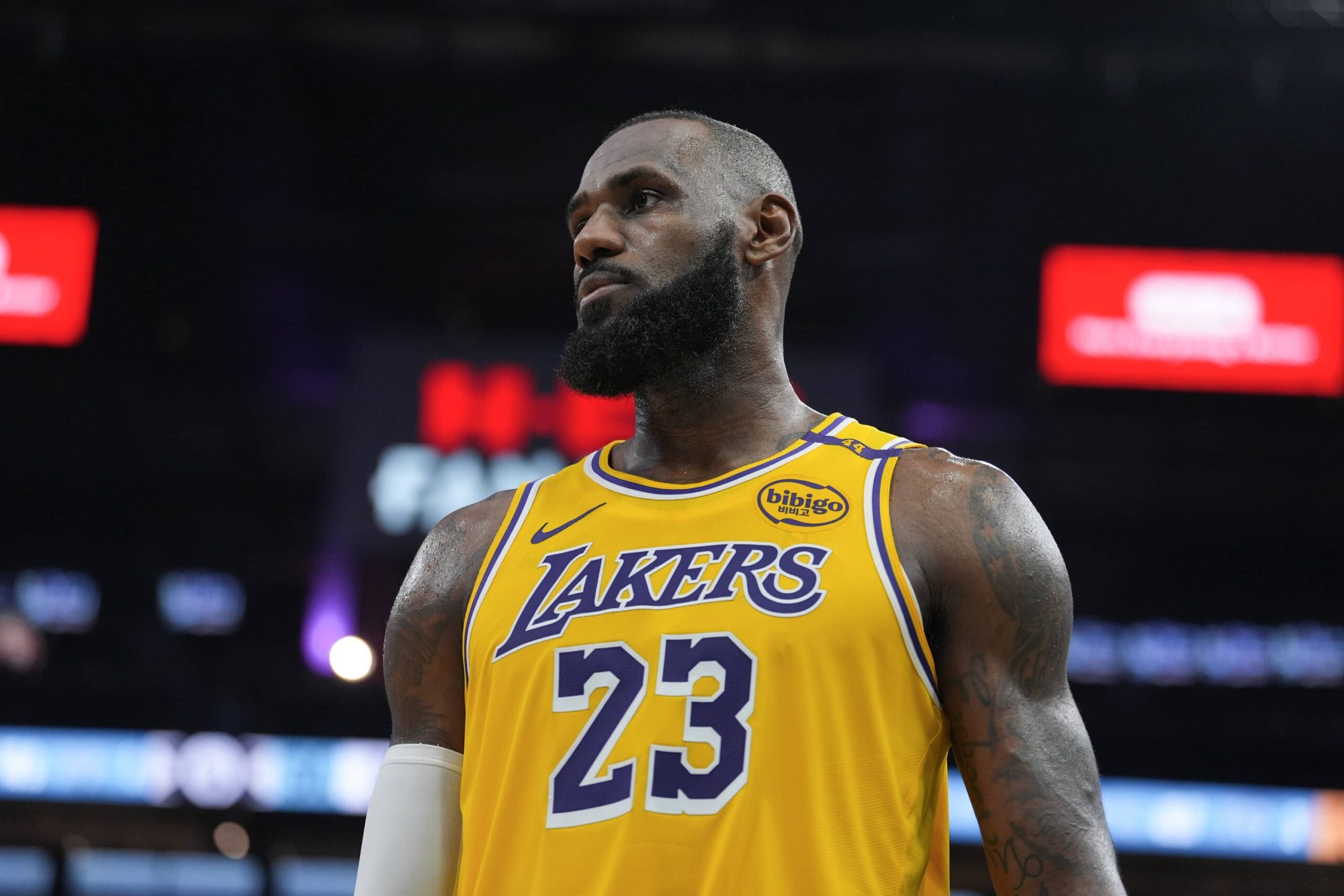 San Antonio, Texas, USA; Los Angeles Lakers forward LeBron James (23) looks over in the second half against the San Antonio Spurs at Frost Bank Center. Mandatory Credit: Daniel Dunn-Imagn Images