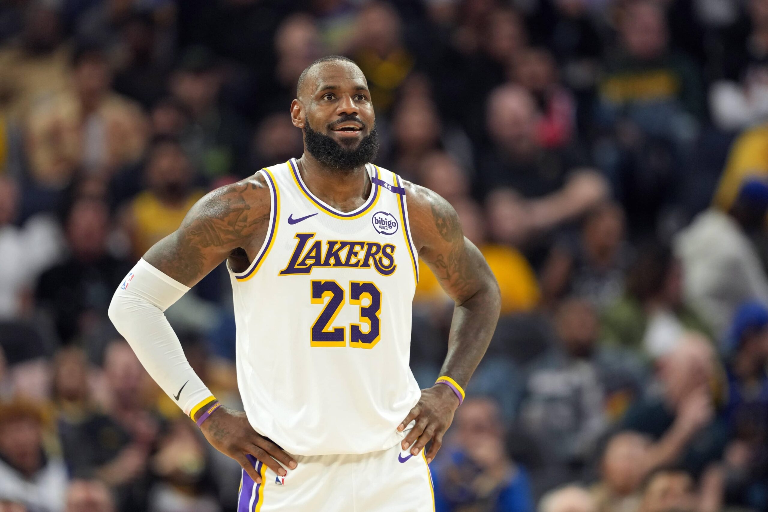 San Francisco, California, USA; Los Angeles Lakers forward LeBron James (23) during the second quarter against the Golden State Warriors at Chase Center. Mandatory Credit: Darren Yamashita-Imagn Images