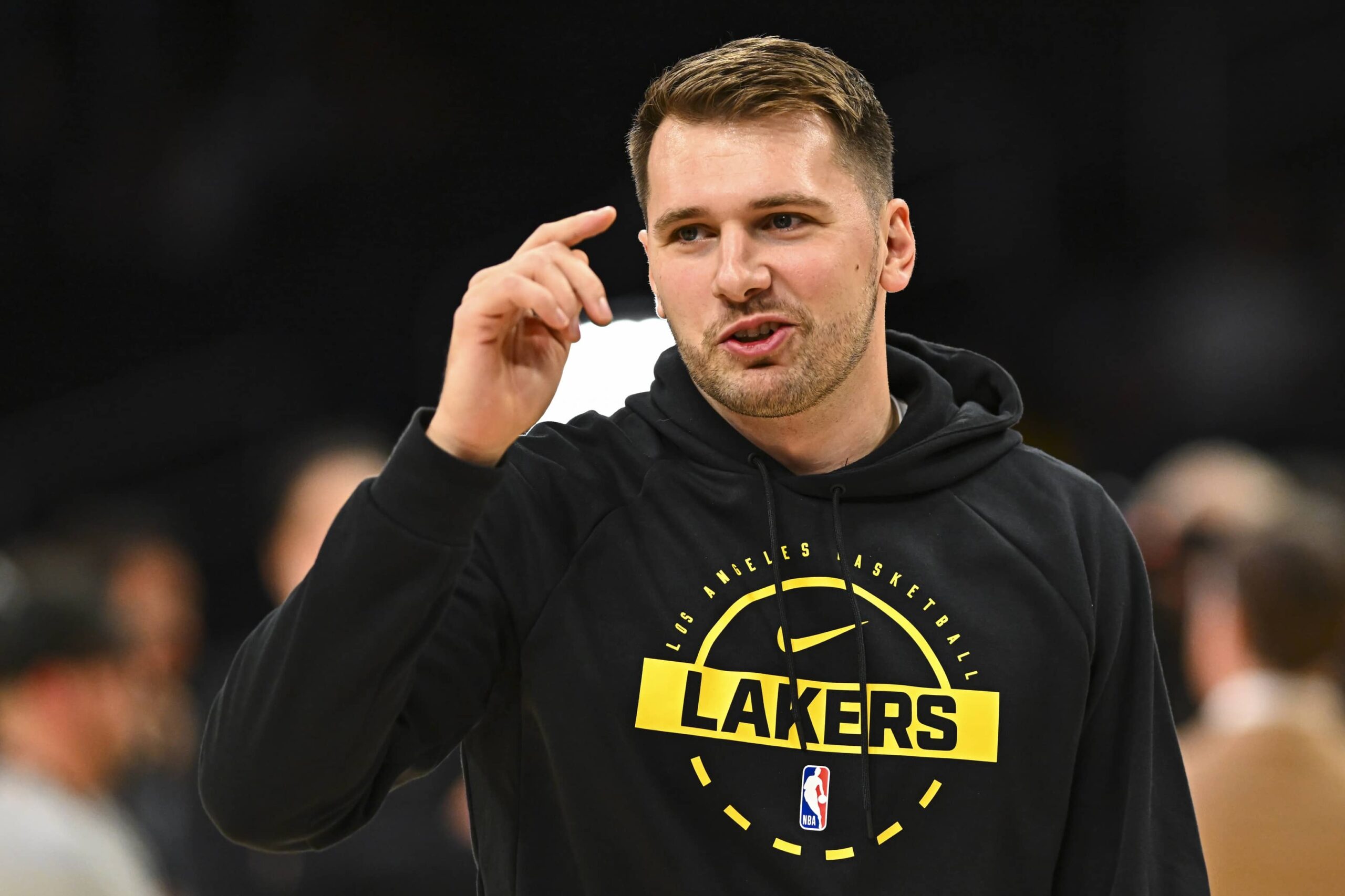 Los Angeles, California, USA; Los Angeles Lakers guard Luka Doncic (77) reacts before the game against the Miami Heat at Crypto.com Arena. Mandatory Credit: Jonathan Hui-Imagn Images