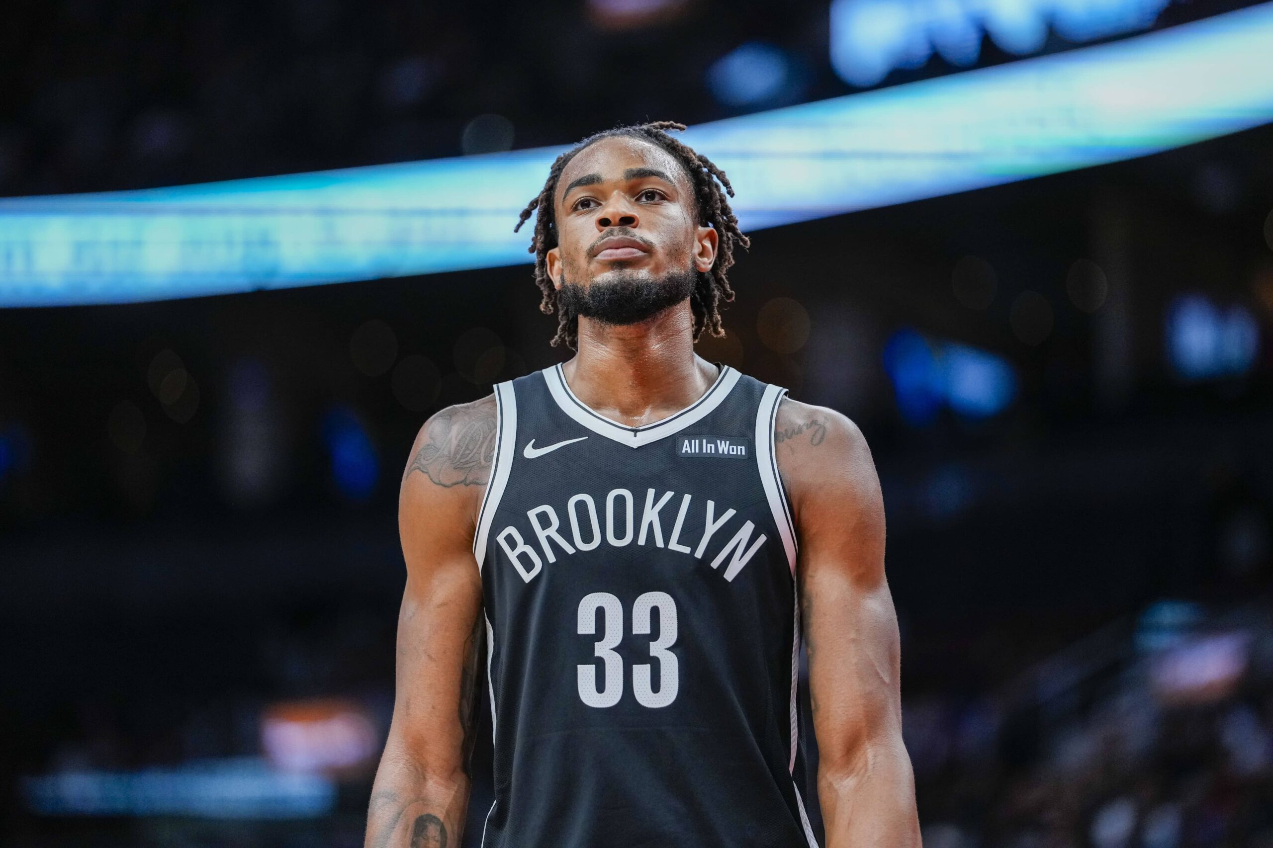 Toronto, Ontario, CAN; Brooklyn Nets center Nic Claxton (33) looks on against the Toronto Raptors during the second half at Scotiabank Arena. Mandatory Credit: Kevin Sousa-Imagn Images