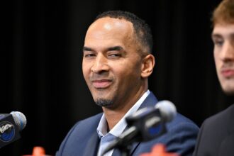 Dallas, TX, USA; Dallas Mavericks general manager Nico Harrison speaks to the media at the Dallas Mavericks Practice Facility. Mandatory Credit: Jerome Miron-Imagn Images