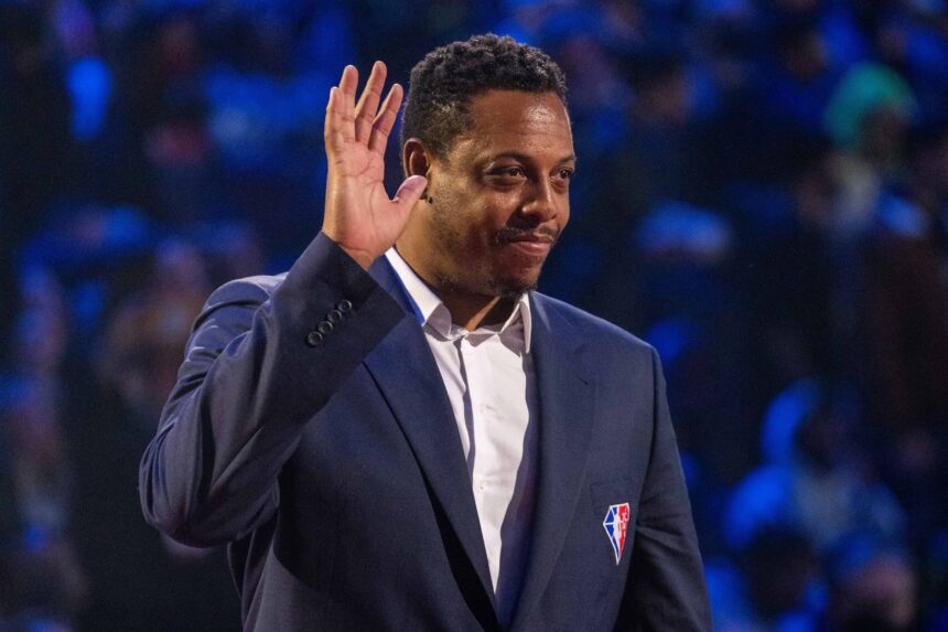 Cleveland, Ohio, USA; NBA great Paul Pierce is honored for being selected to the NBA 75th Anniversary Team during halftime in the 2022 NBA All-Star Game at Rocket Mortgage FieldHouse. Mandatory Credit: Kyle Terada-Imagn Images
