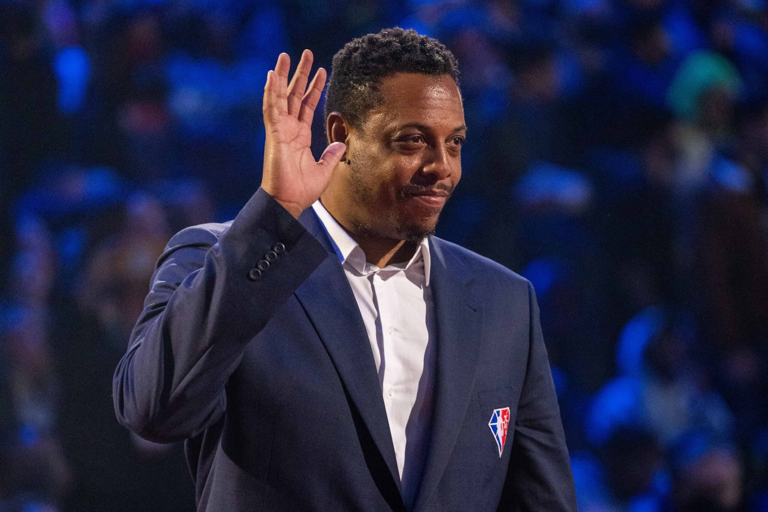 Cleveland, Ohio, USA; NBA great Paul Pierce is honored for being selected to the NBA 75th Anniversary Team during halftime in the 2022 NBA All-Star Game at Rocket Mortgage FieldHouse. Mandatory Credit: Kyle Terada-Imagn Images