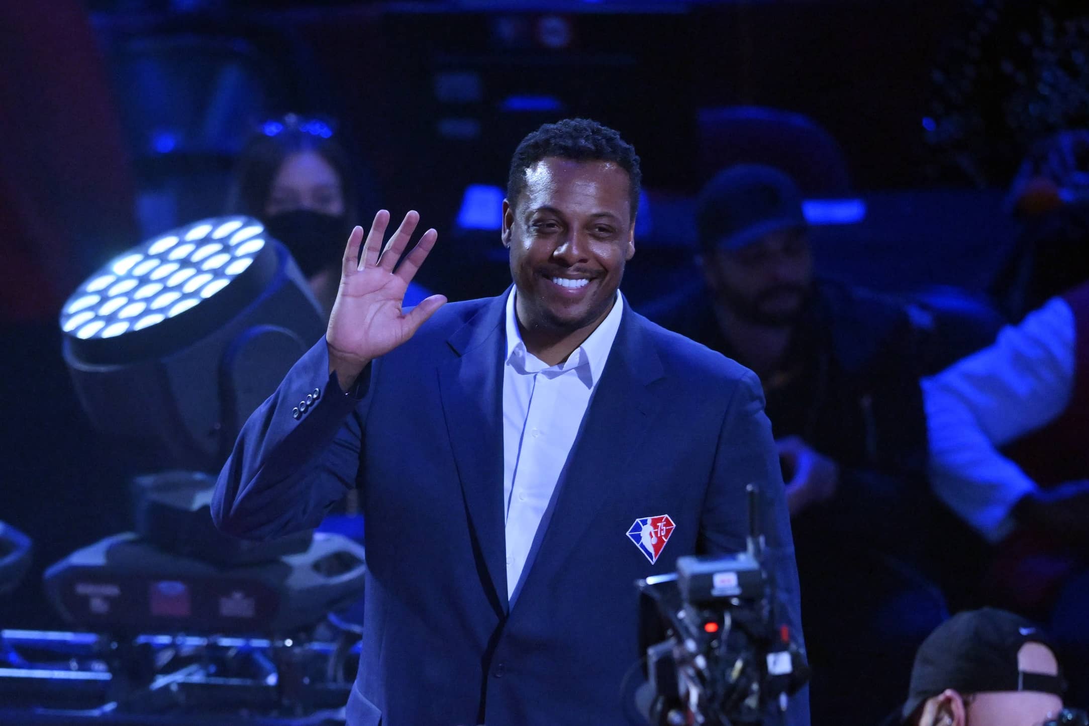 Cleveland, Ohio, USA; Paul Pierce is honored during halftime in the 2022 NBA All-Star Game at Rocket Mortgage FieldHouse. Mandatory Credit: David Richard-Imagn Images