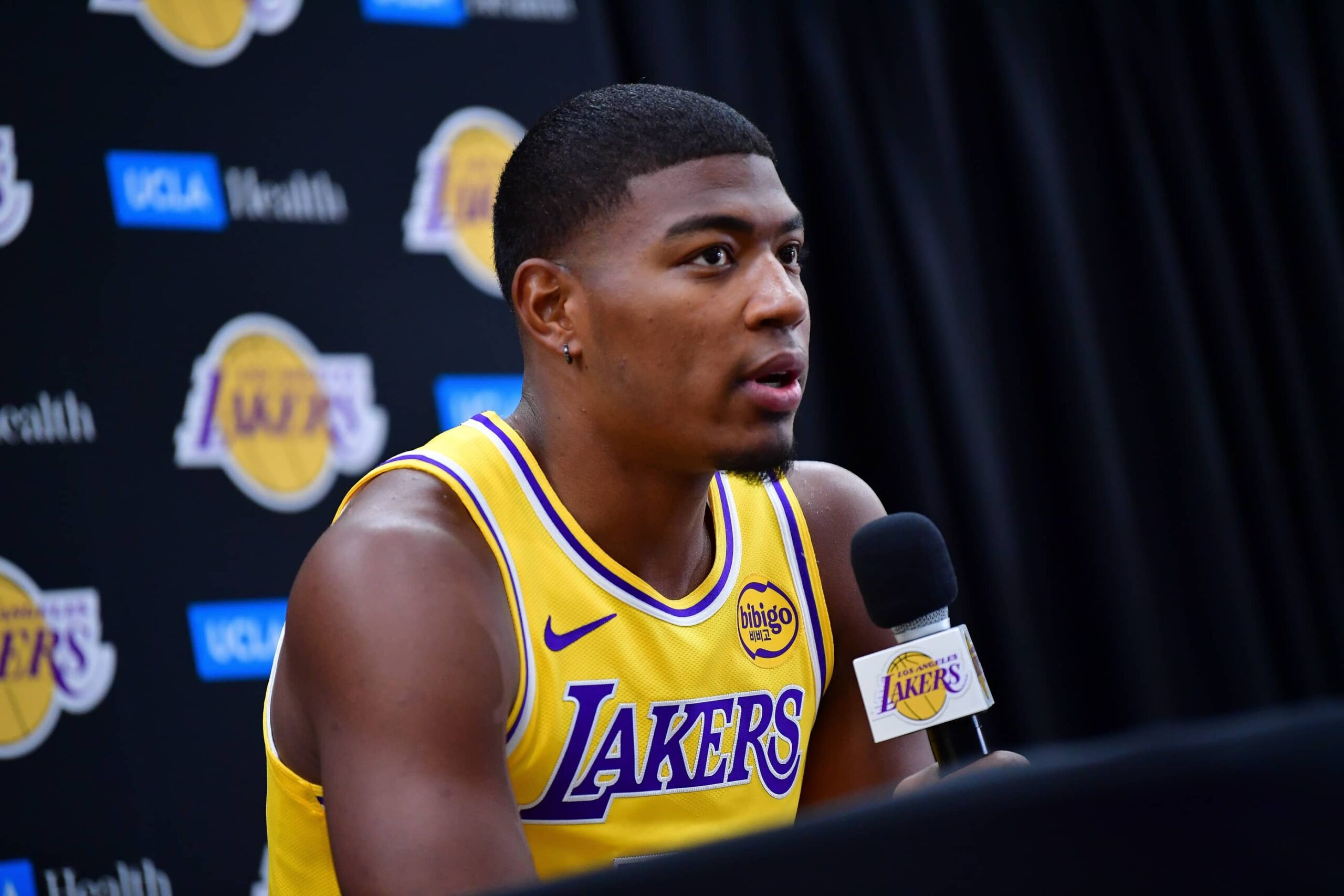 Los Angeles, CA, USA; Los Angeles Lakers forward Rui Hachimura (28) during media day at UCLA Health Training Center. Mandatory Credit: Gary A. Vasquez-Imagn Images