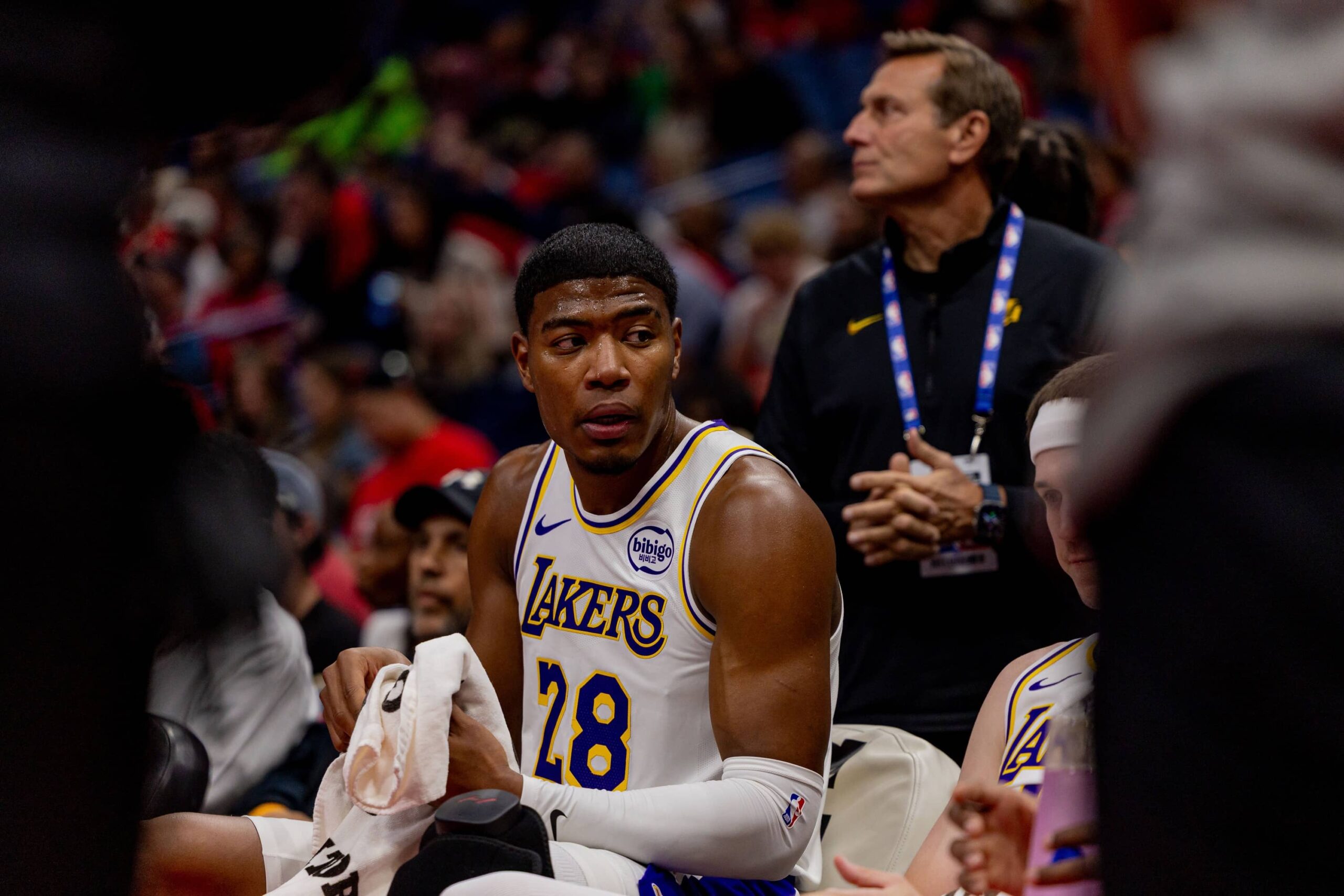 New Orleans, Louisiana, USA; Los Angeles Lakers forward Rui Hachimura (28) sits on the bench against the New Orleans Pelicans during the first half at Smoothie King Center. Mandatory Credit: Stephen Lew-Imagn Images