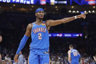 Oklahoma City, Oklahoma, USA; Oklahoma City Thunder guard Shai Gilgeous-Alexander (2) gestures to his team before a play against the Portland Trail Blazers during the second quarter at Paycom Center. Mandatory Credit: Alonzo Adams-Imagn Images
