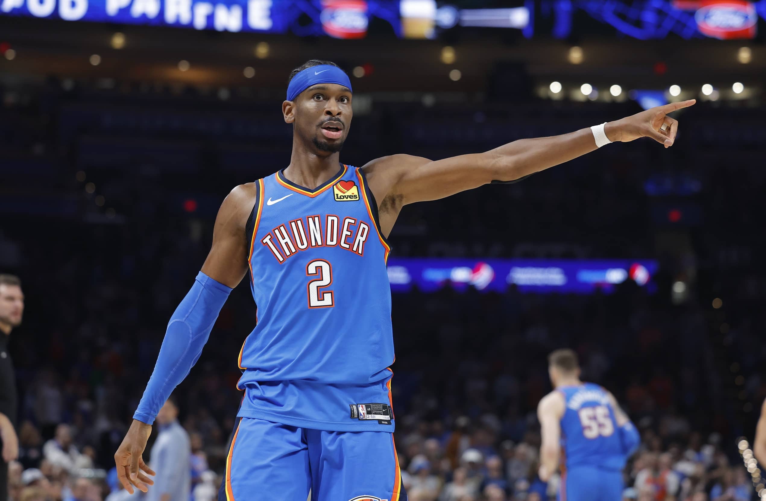 Oklahoma City, Oklahoma, USA; Oklahoma City Thunder guard Shai Gilgeous-Alexander (2) gestures to his team before a play against the Portland Trail Blazers during the second quarter at Paycom Center. Mandatory Credit: Alonzo Adams-Imagn Images