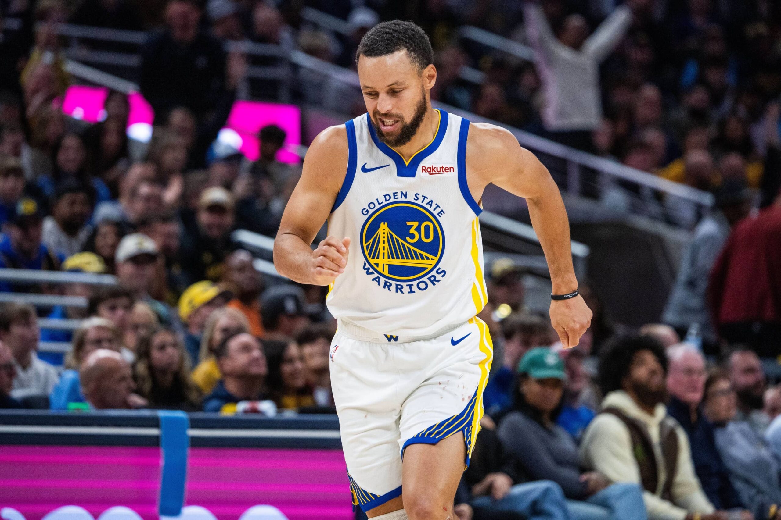 Indianapolis, Indiana, USA; Golden State Warriors guard Stephen Curry (30) celebrates a made basket in the second half against the Indiana Pacers at Gainbridge Fieldhouse. Mandatory Credit: Trevor Ruszkowski-Imagn Images
