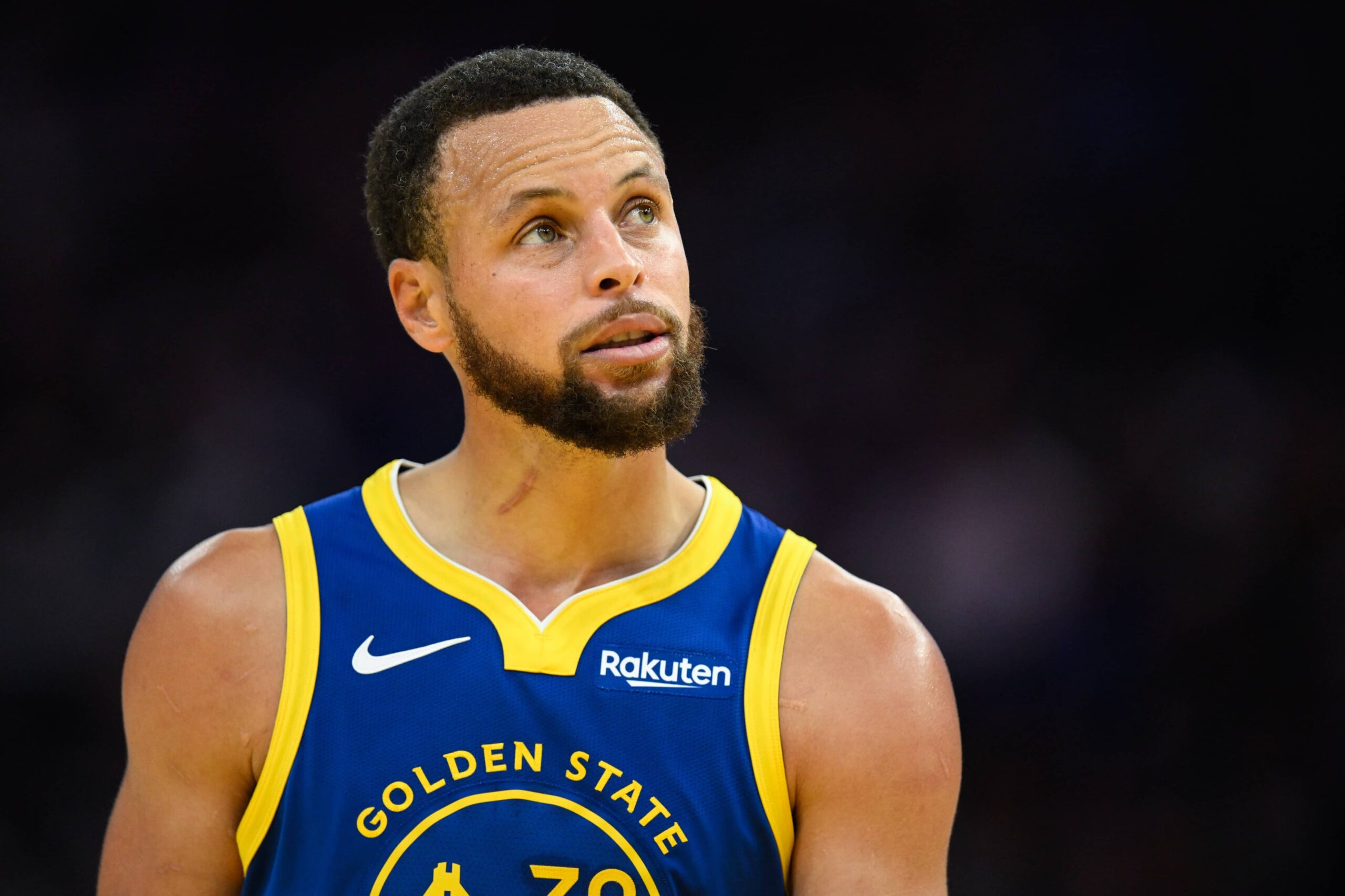 San Francisco, California, USA; Golden State Warriors guard Stephen Curry (30) looks on against the Phoenix Suns in the third quarter at Chase Center. Mandatory Credit: Eakin Howard-Imagn Images