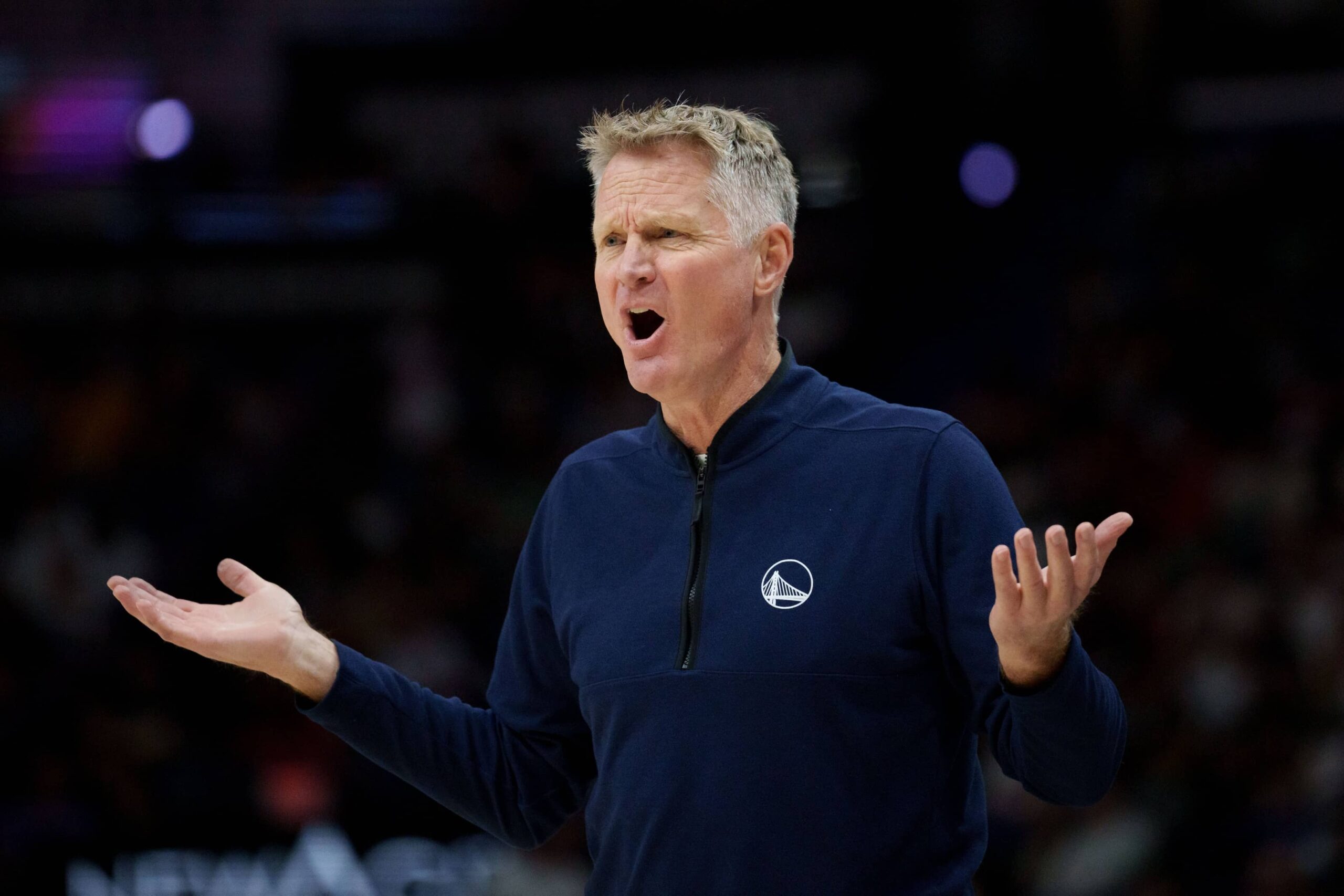 New Orleans, Louisiana, USA; Golden State Warriors head coach Steve Kerr reacts during the first half against the New Orleans Pelicans at Smoothie King Center. Mandatory Credit: Matthew Hinton-Imagn Images