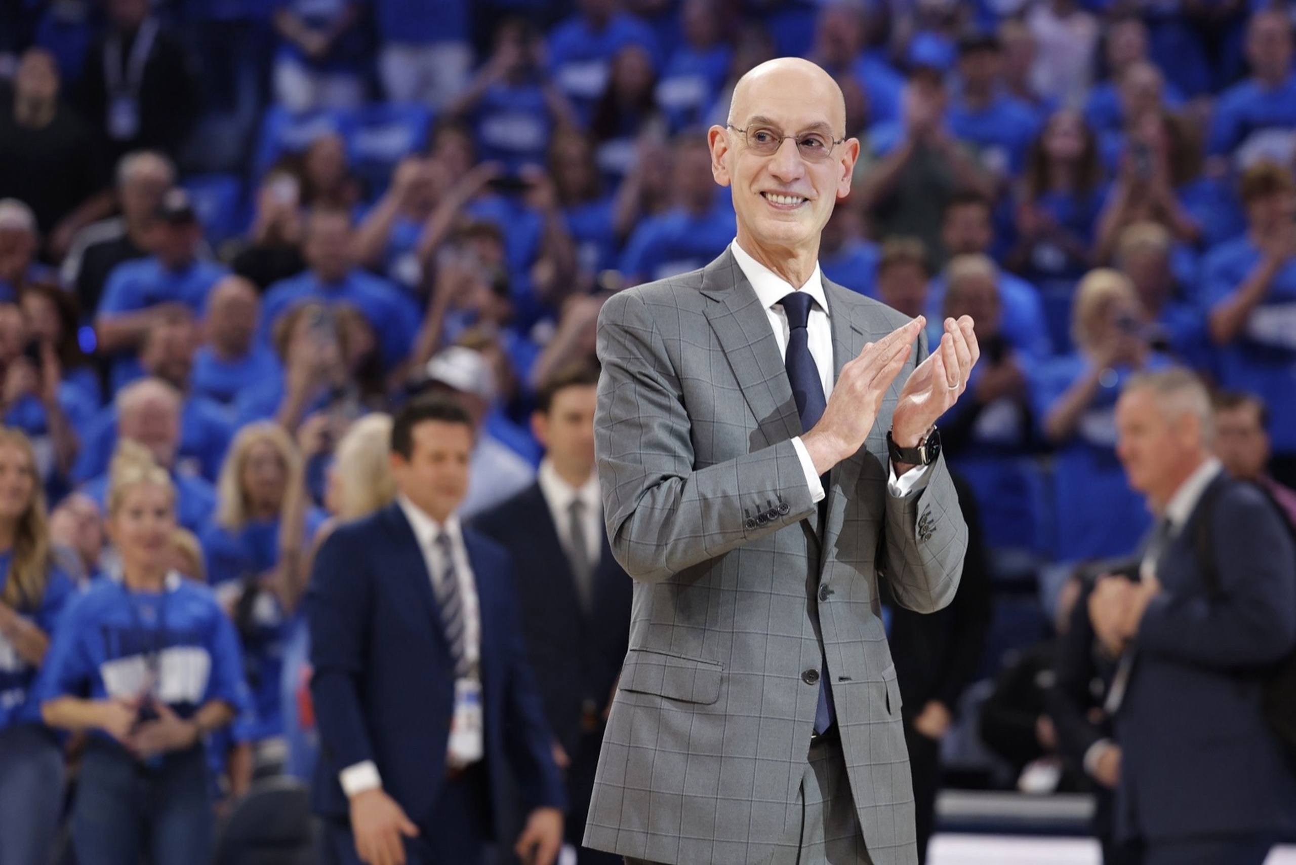 May 22, 2025; Oklahoma City, Oklahoma, USA; NBA commissioner is Adam Silver presents Oklahoma City Thunder guard Shai Gilgeous-Alexander (not pictured) with the Michael Jordan Trophy for winning the most valuable player award for the 2024-25 season before game two of the western conference finals for the 2025 NBA Playoffs at Paycom Center. Mandatory Credit: Alonzo Adams-Imagn Images