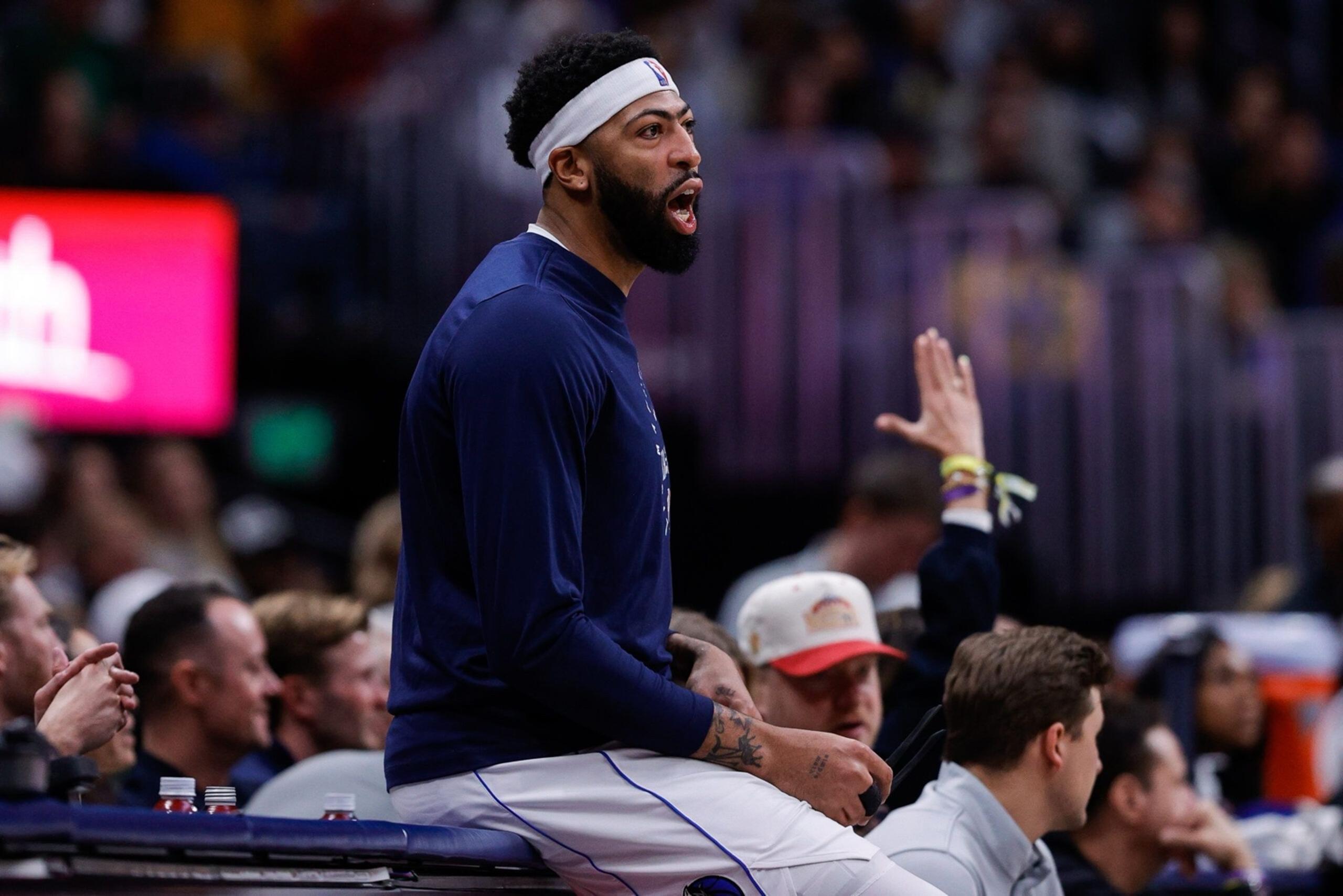 Dec 1, 2025; Denver, Colorado, USA; Dallas Mavericks forward Anthony Davis (3) reacts from the sideline in the second quarter against the Denver Nuggets at Ball Arena. Mandatory Credit: Isaiah J. Downing-Imagn Images