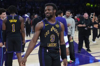 Los Angeles, California, USA; Los Angeles Lakers guard Bronny James (9) reacts after the game against the Utah Jazz at Crypto.com Arena. Mandatory Credit: Kirby Lee-Imagn Images