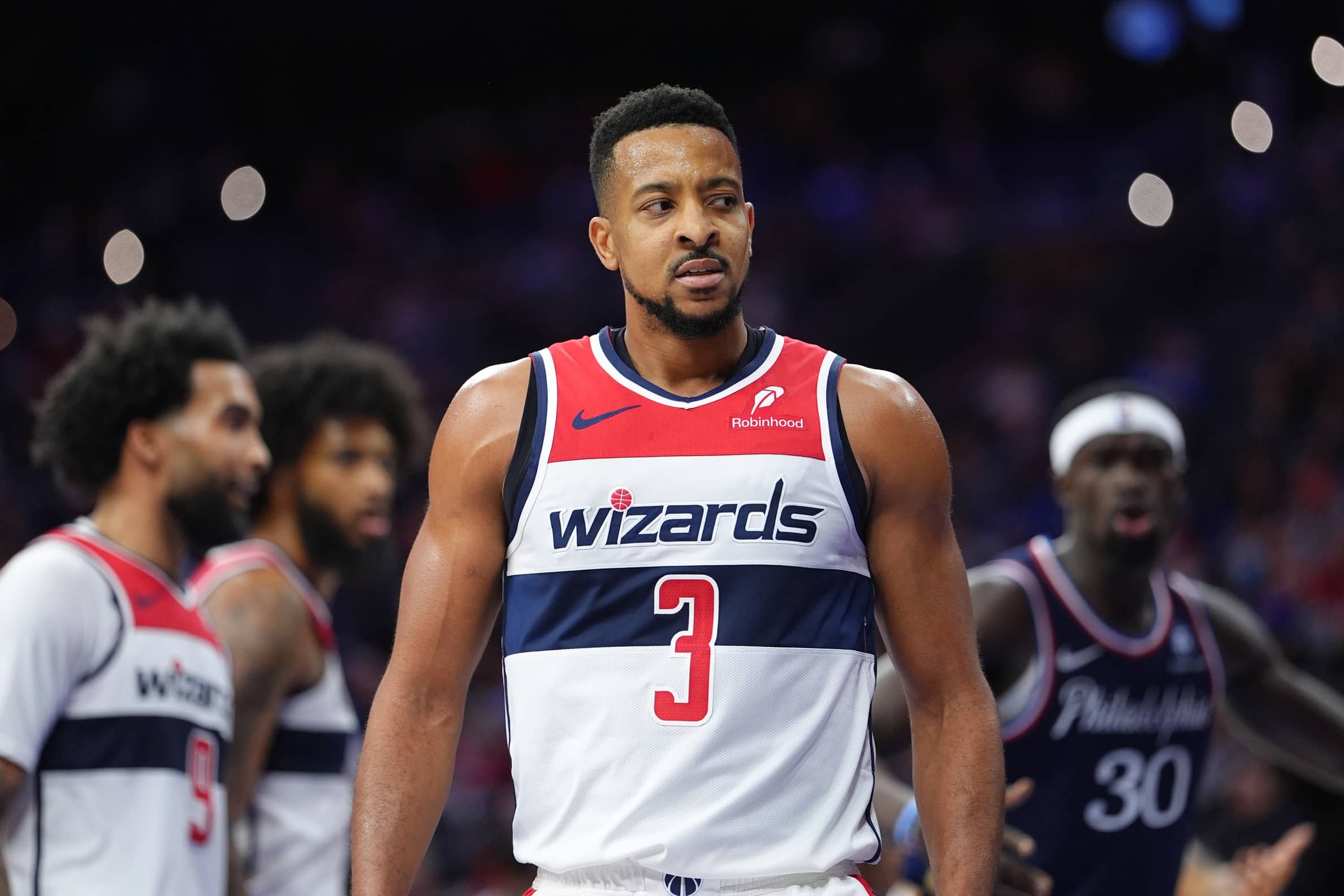 Dec 2, 2025; Philadelphia, Pennsylvania, USA; Washington Wizards guard CJ McCollum (3) reacts against the Philadelphia 76ers in the third quarter at Xfinity Mobile Arena. Mandatory Credit: Kyle Ross-Imagn Images