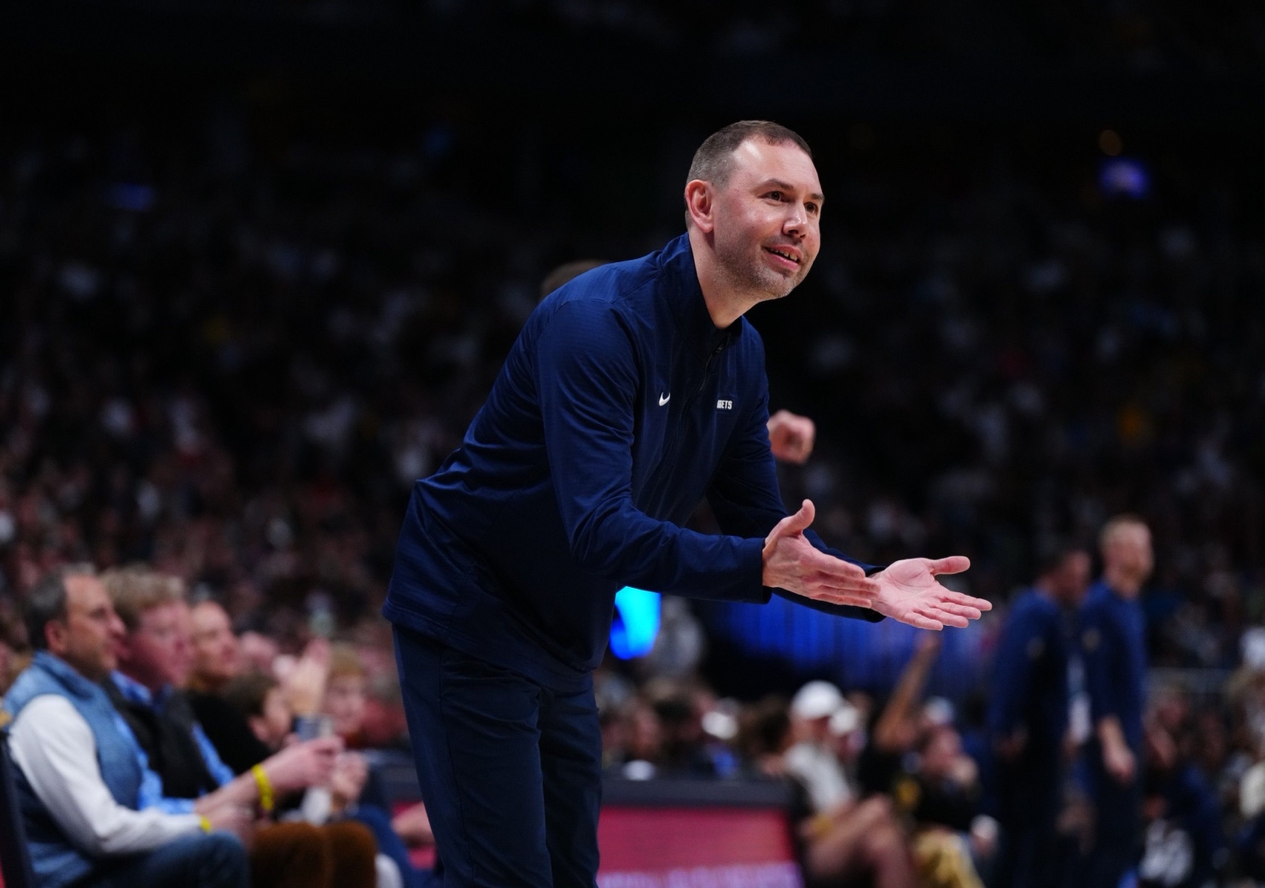Apr 11, 2025; Denver, Colorado, USA; Denver Nuggets interim head coach David Adelman reacts in the fourth quarter against the Memphis Grizzlies at Ball Arena. Mandatory Credit: Ron Chenoy-Imagn Images