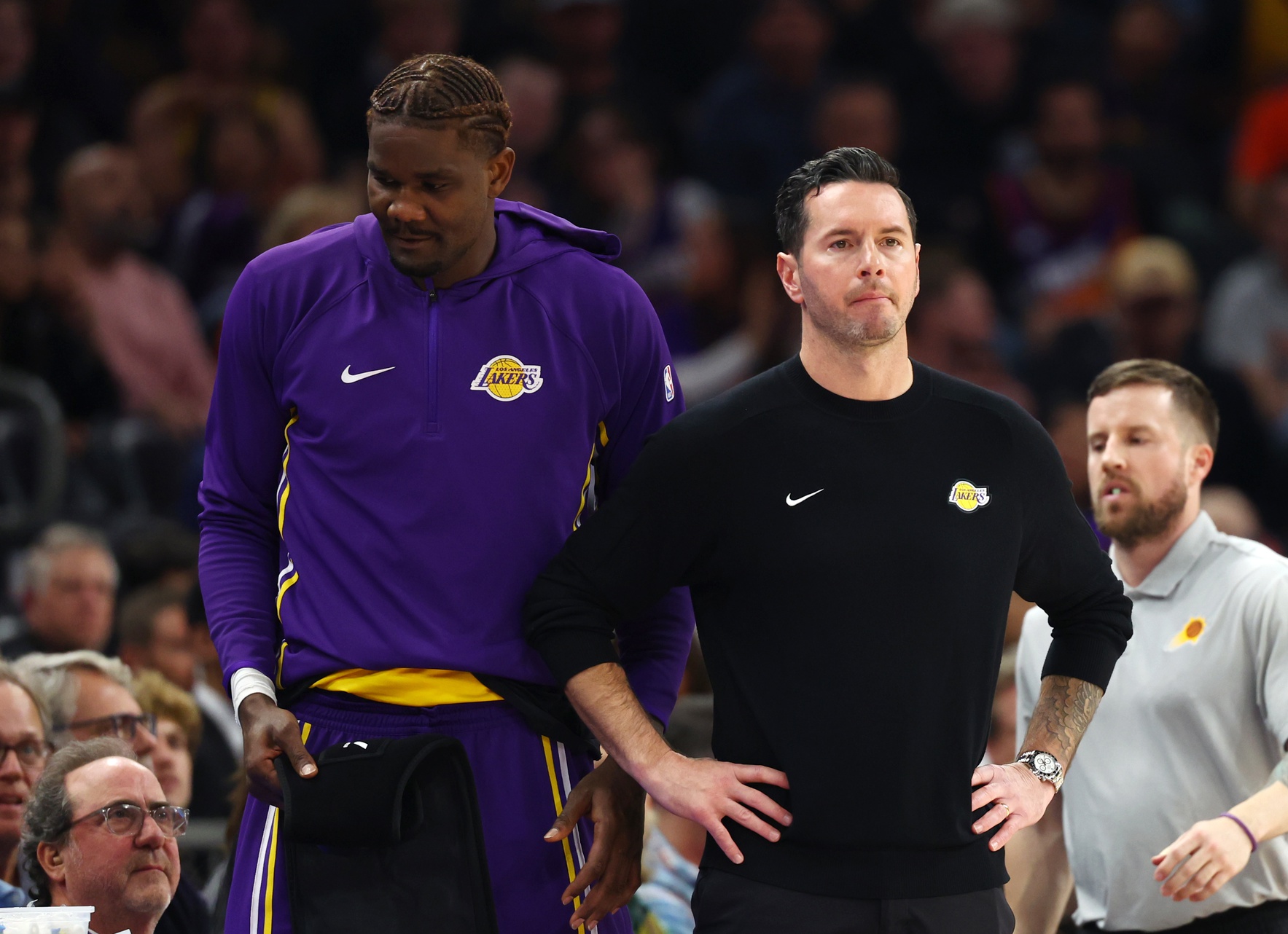 Dec 23, 2025; Phoenix, Arizona, USA; Los Angeles Lakers center Deandre Ayton (left) and head coach JJ Redick against the Phoenix Suns at Mortgage Matchup Center. Mandatory Credit: Mark J. Rebilas-Imagn Images