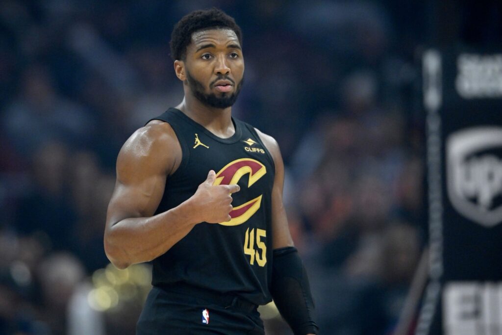 Dec 14, 2025; Cleveland, Ohio, USA; Cleveland Cavaliers guard Donovan Mitchell (45) stands on the court in the first quarter against the Charlotte Hornets at Rocket Arena. Mandatory Credit: David Richard-Imagn Images