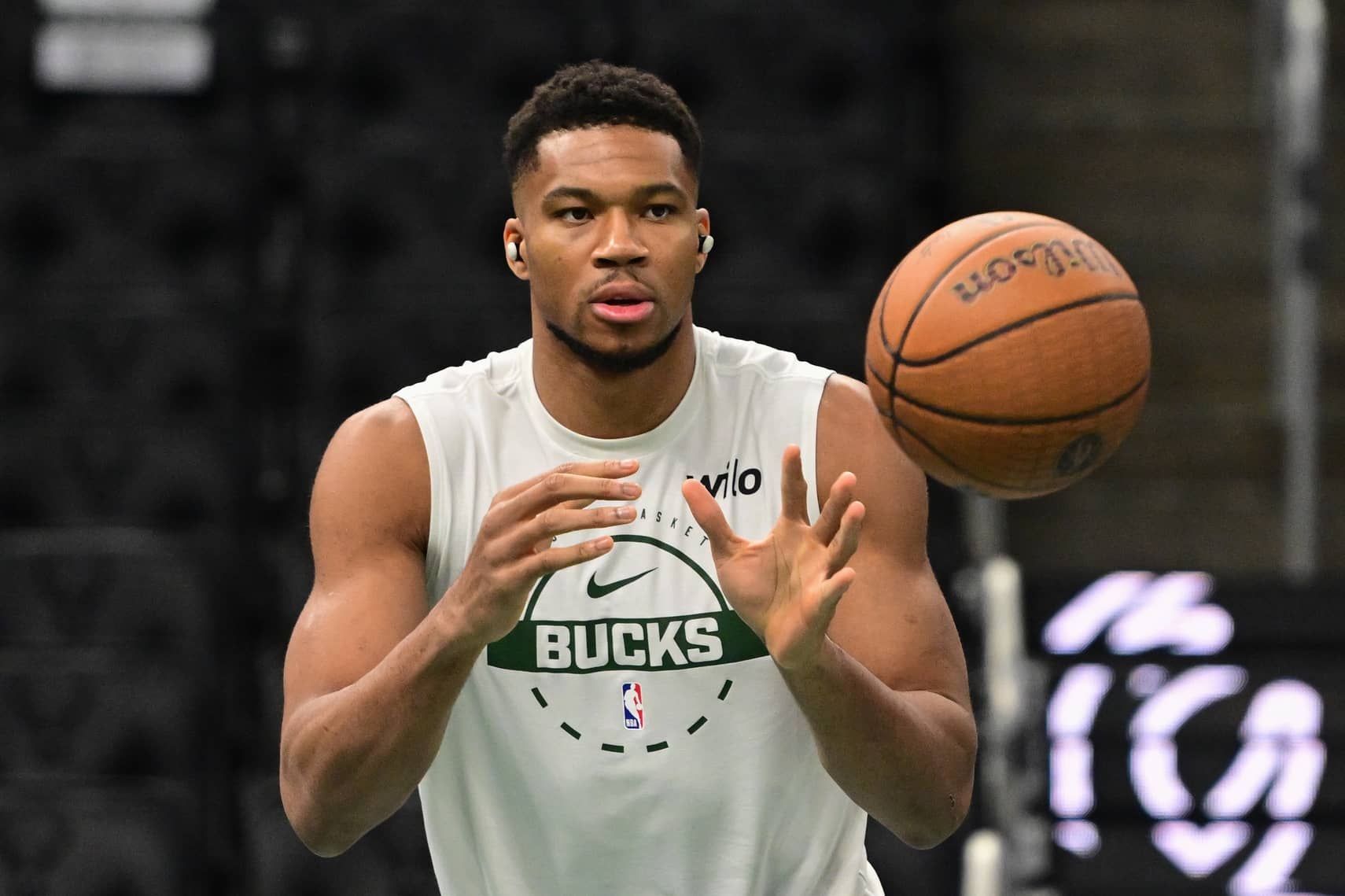 Milwaukee Bucks forward Giannis Antetokounmpo (34) warms up before game against the Chicago Bulls at Fiserv Forum.
