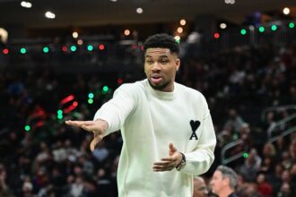 Dec 18, 2025; Milwaukee, Wisconsin, USA; Milwaukee Bucks forward Giannis Antetokounmpo (34) during the fourth quarter against the Toronto Raptors while recovering from an injury at Fiserv Forum. Mandatory Credit: Benny Sieu-Imagn Images