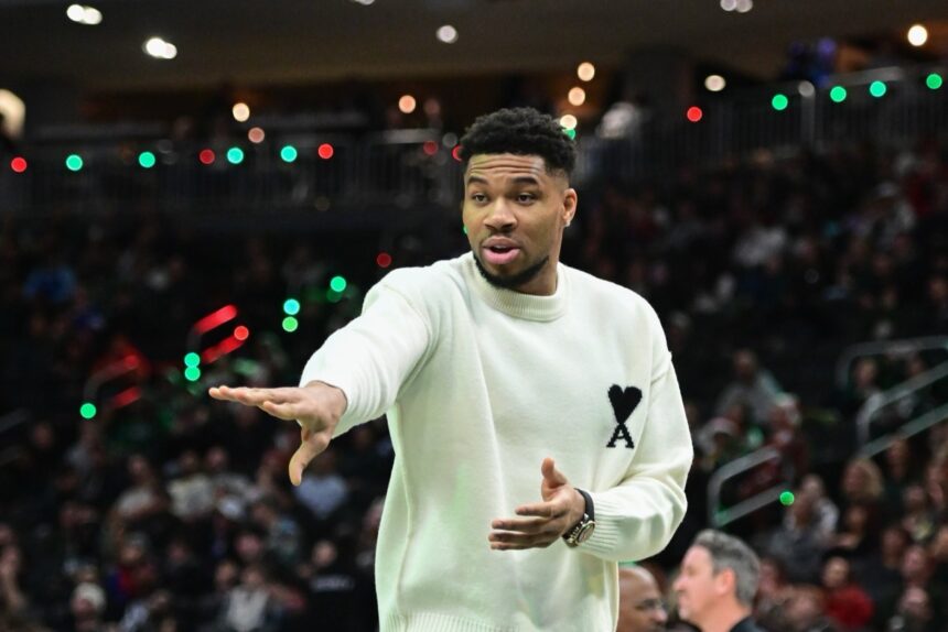Dec 18, 2025; Milwaukee, Wisconsin, USA; Milwaukee Bucks forward Giannis Antetokounmpo (34) during the fourth quarter against the Toronto Raptors while recovering from an injury at Fiserv Forum. Mandatory Credit: Benny Sieu-Imagn Images